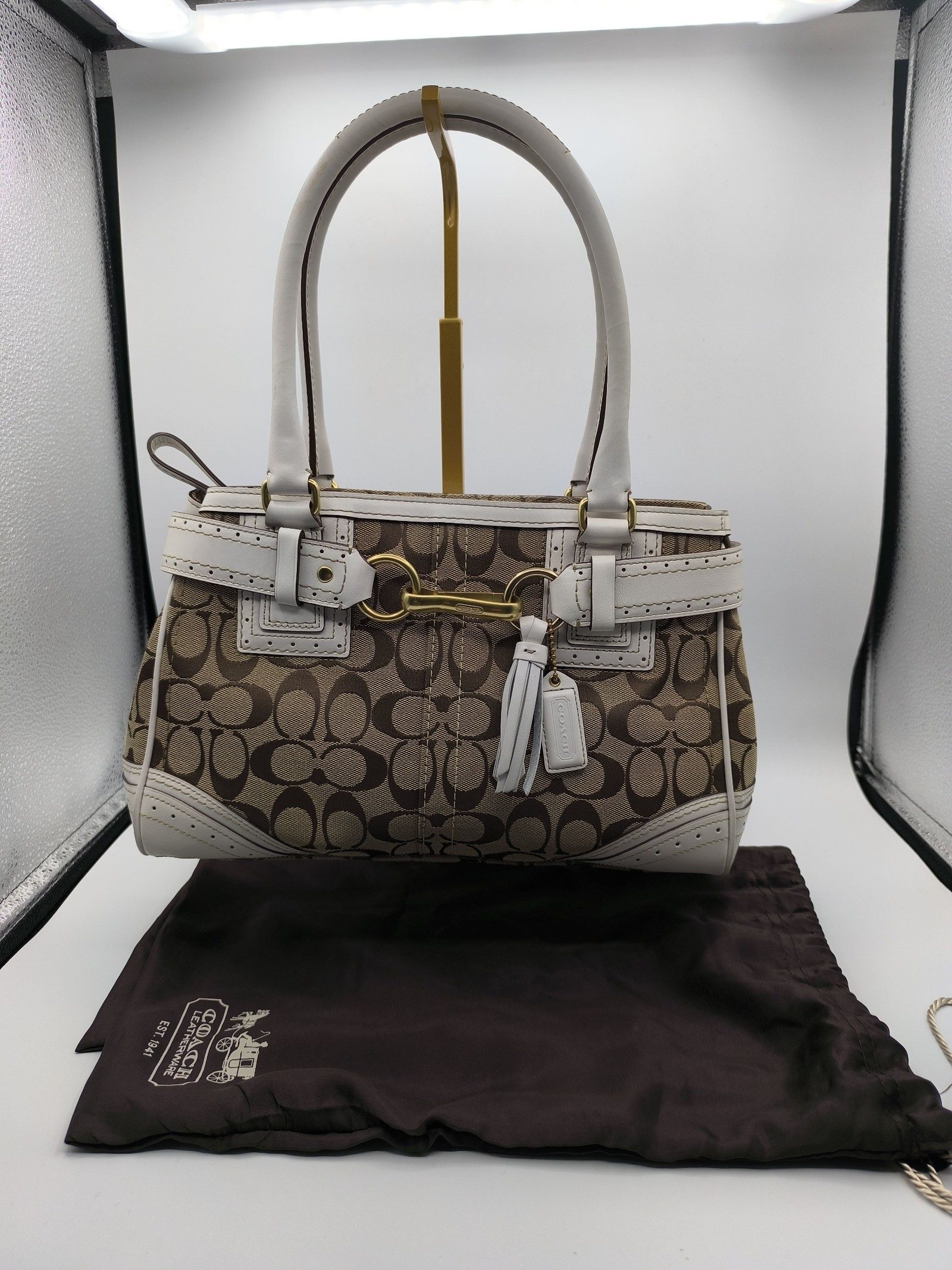 Coach Brown & White Signature Canvas Tote Shoulder Bag