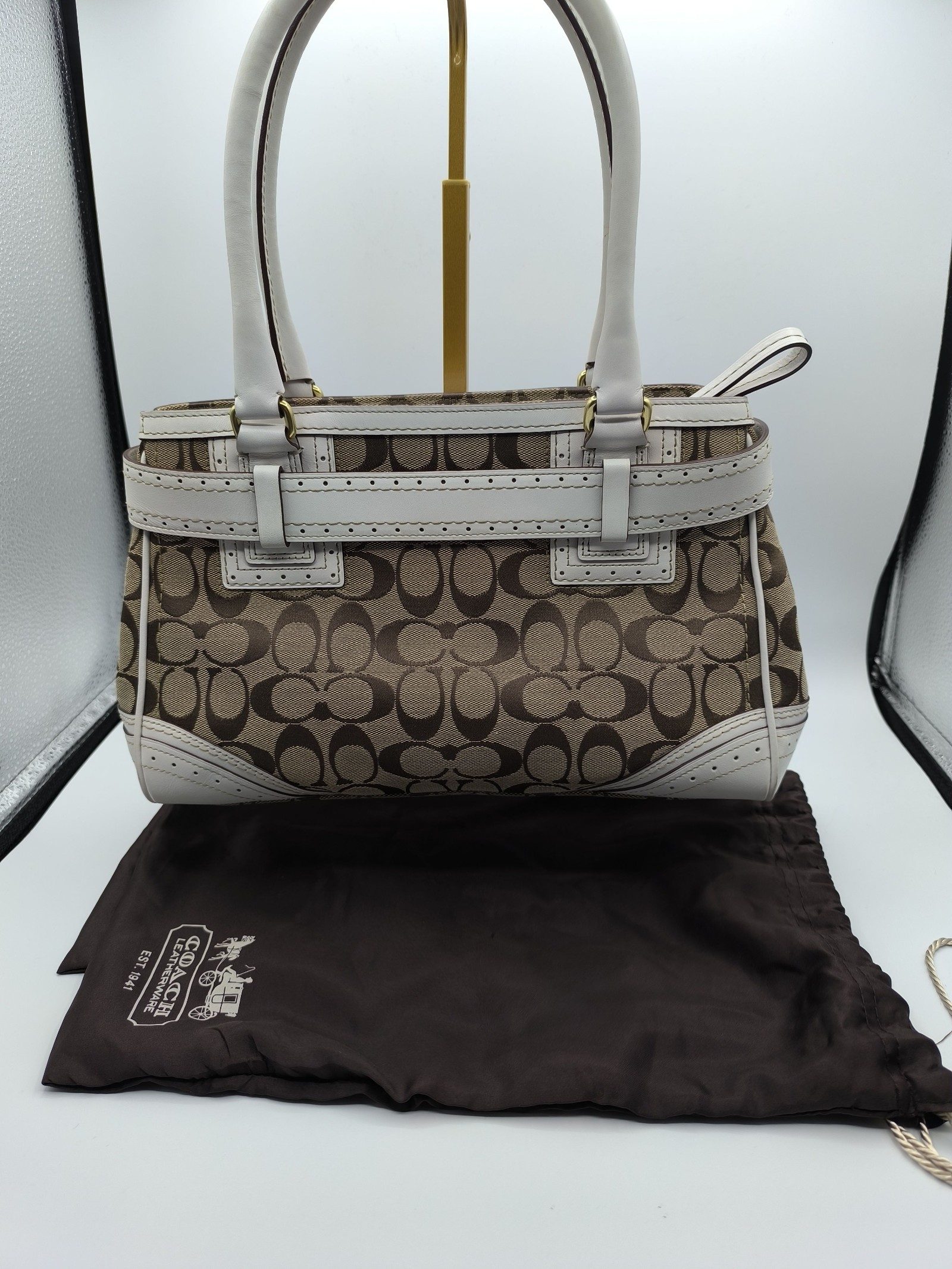 Coach Brown & White Signature Canvas Tote Shoulder Bag image 10