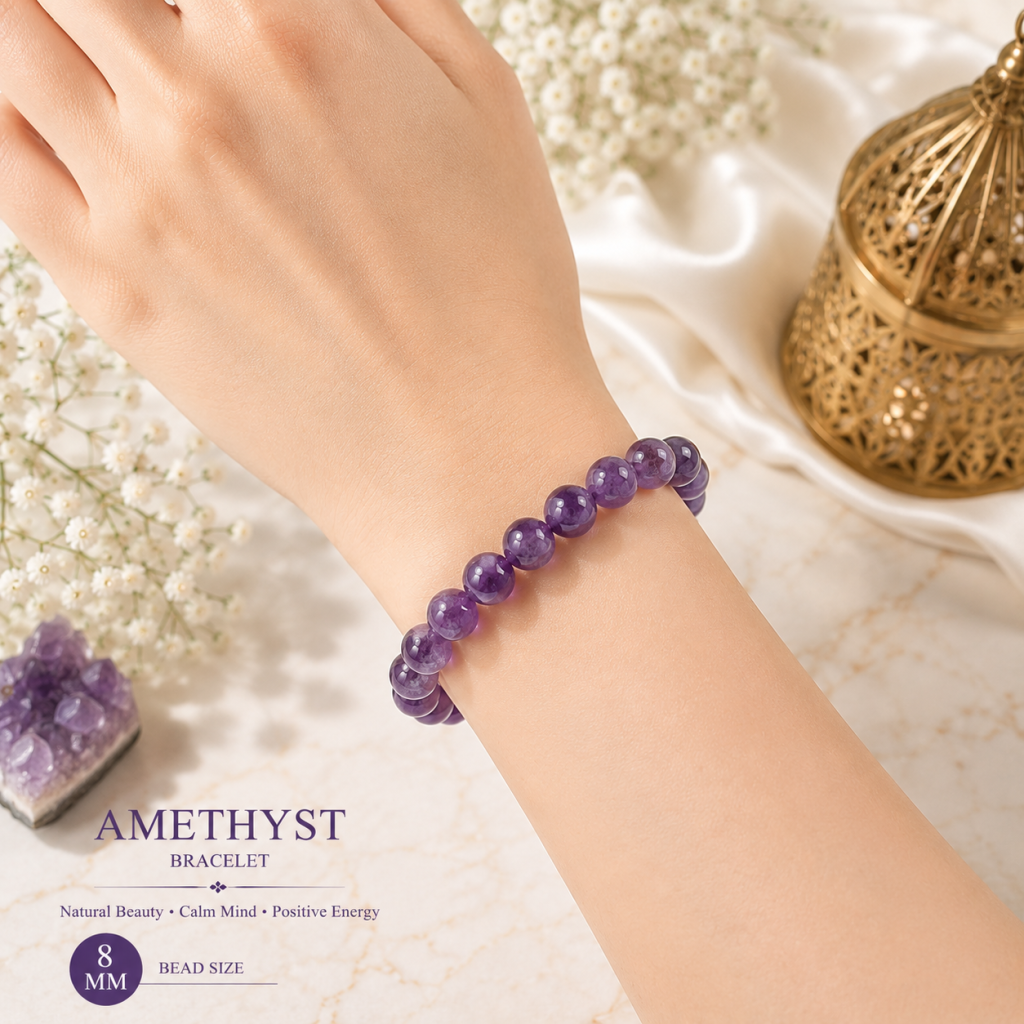 Amethyst 8mm Gemstone Bead Bracelet, Lab Certified Authentic Purple Crystal 7.5 Inch Stretchable Bracelet for Stress Relief & Protection