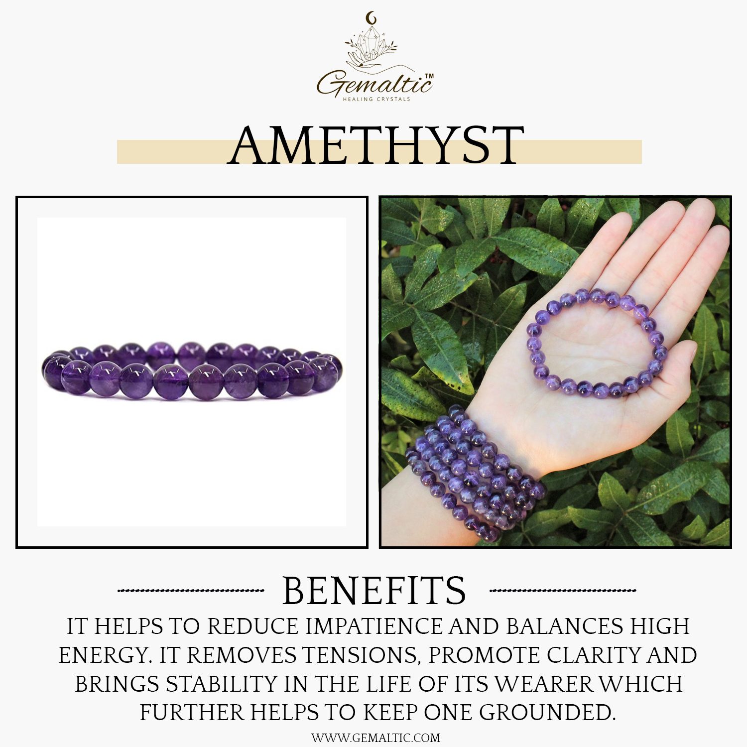 Amethyst 8mm Gemstone Bead Bracelet, Lab Certified Authentic Purple Crystal 7.5 Inch Stretchable Bracelet for Stress Relief & Protection image 2