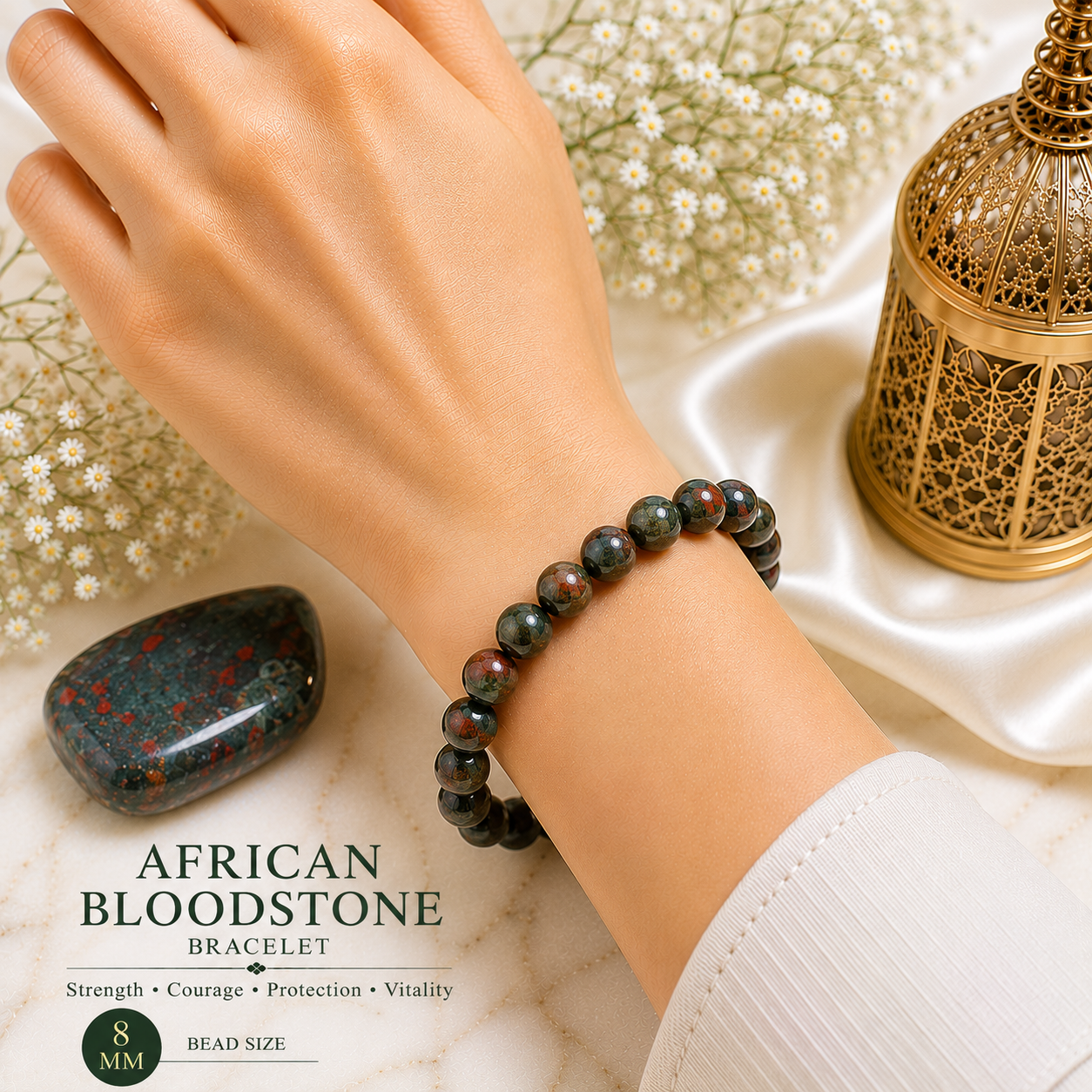 African Bloodstone 8mm Gemstone Bead Bracelet, Natural Green Crystal 7.5 Inch Stretchable Bracelet for Strength, Protection & Positive Energy