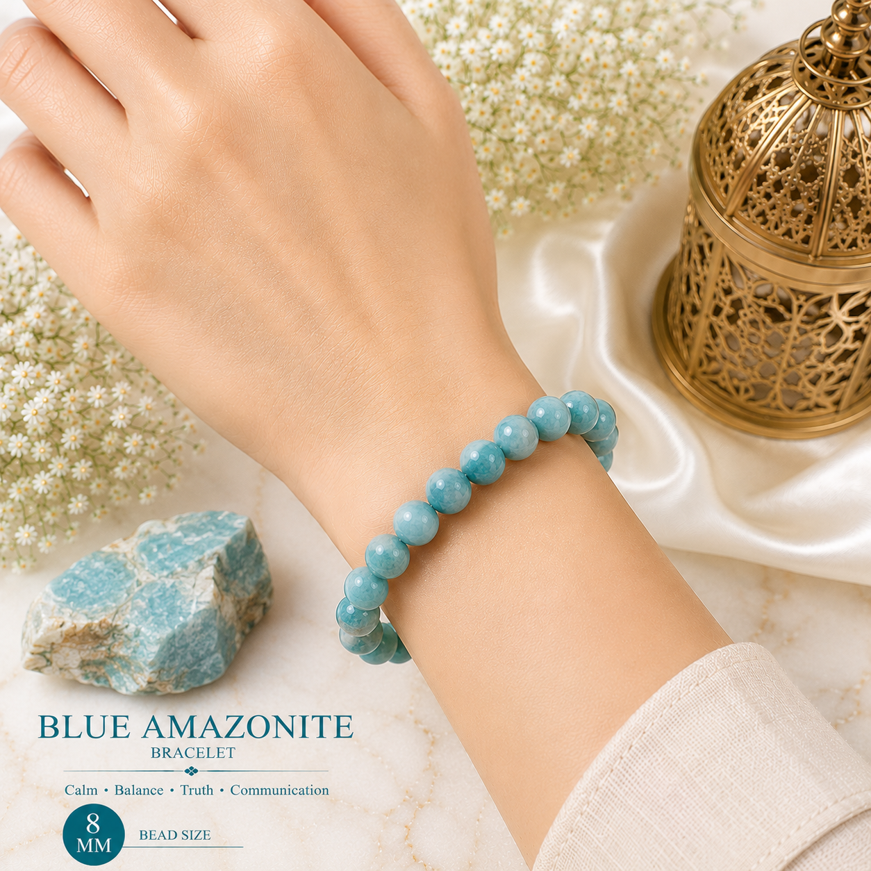 Amazonite 8mm Gemstone Bead Bracelet, Lab Certified Natural Green Blue Crystal 7.5 Inch Stretchable Bracelet for Calm, Balance & Communication