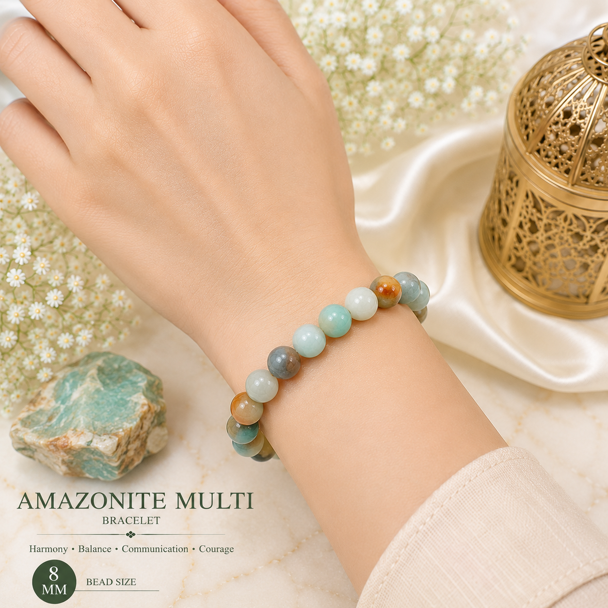 Amazonite Multi 8mm Gemstone Bead Bracelet, Lab Certified Natural Multi-Colour Crystal 7.5 Inch Stretchable Bracelet for Calm, Balance & Positive Energy