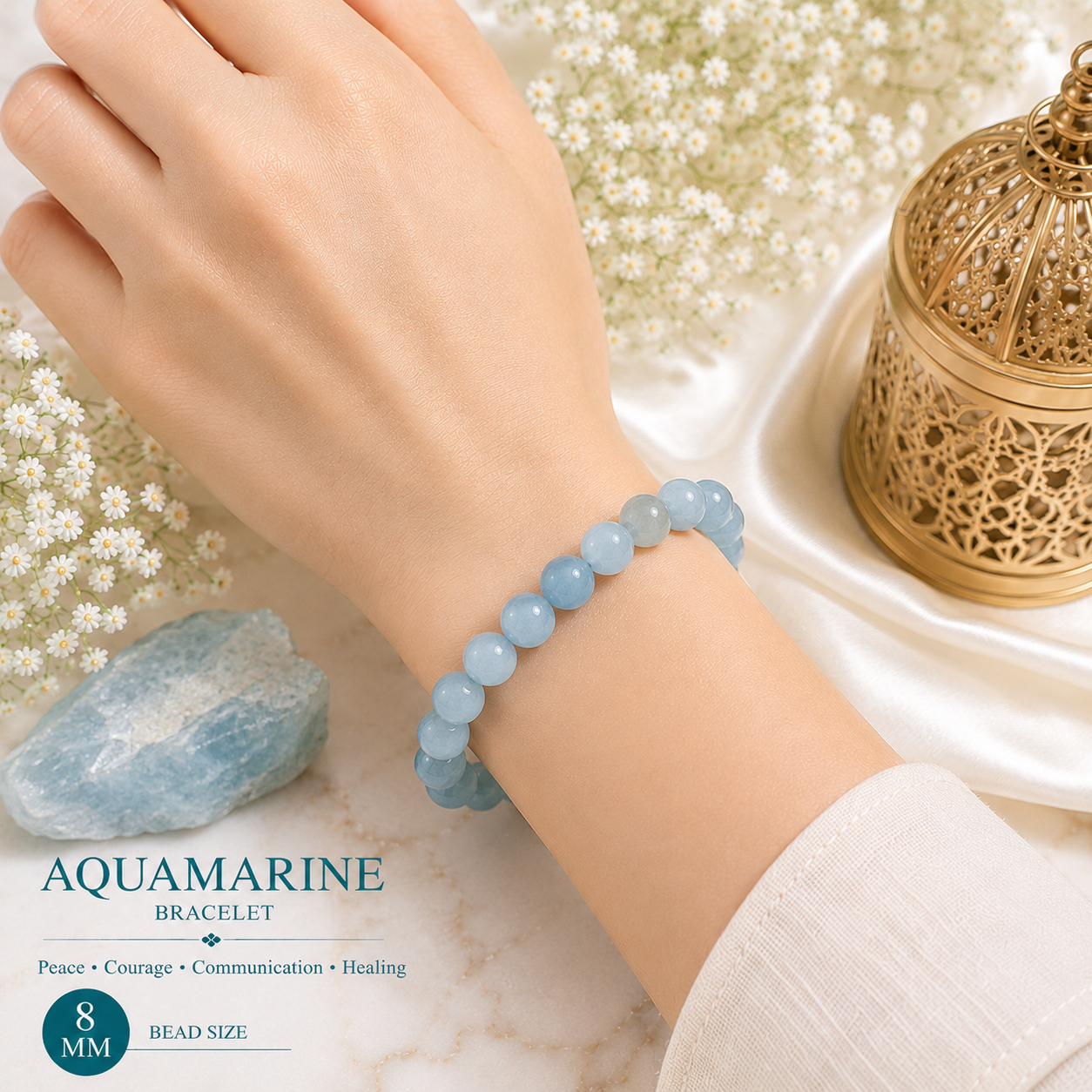 Aquamarine 8mm Gemstone Bead Bracelet, Lab Certified Natural Blue Crystal 7.5 Inch Stretchable Bracelet for Calm, Courage & Communication