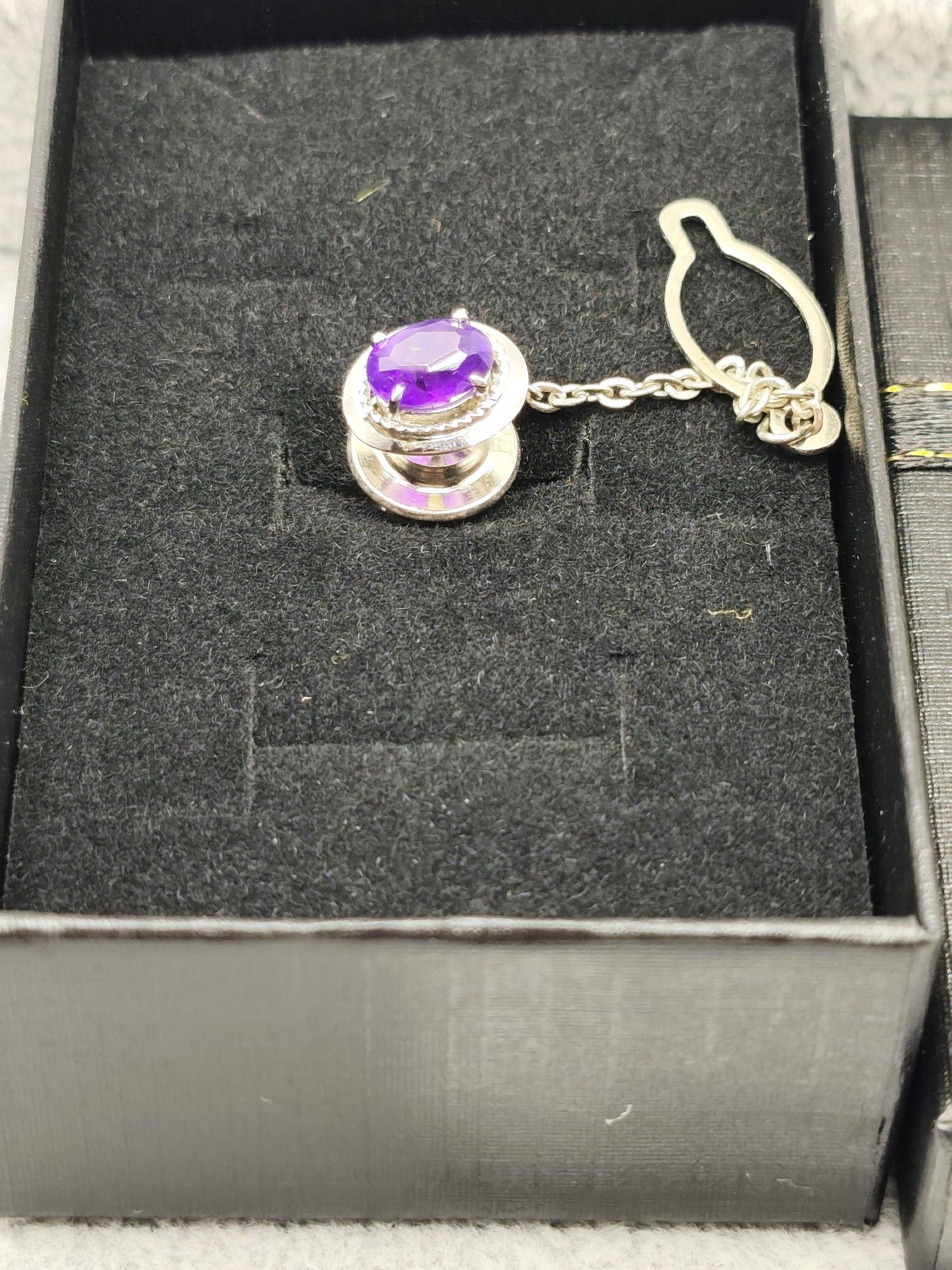 Silver tone Purple Gemstone Tie Tack Pin image 2