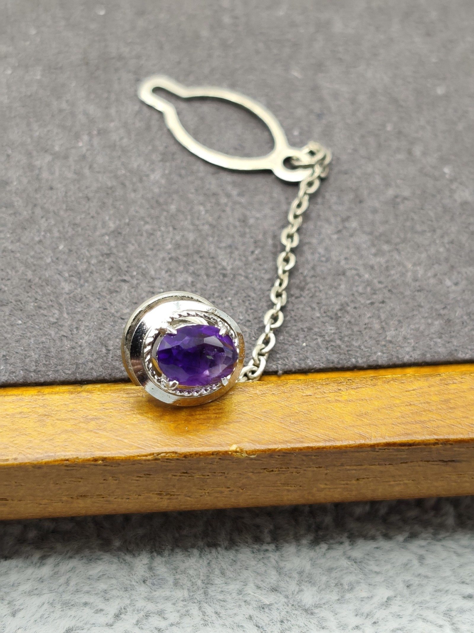 Silver tone Purple Gemstone Tie Tack Pin image 3