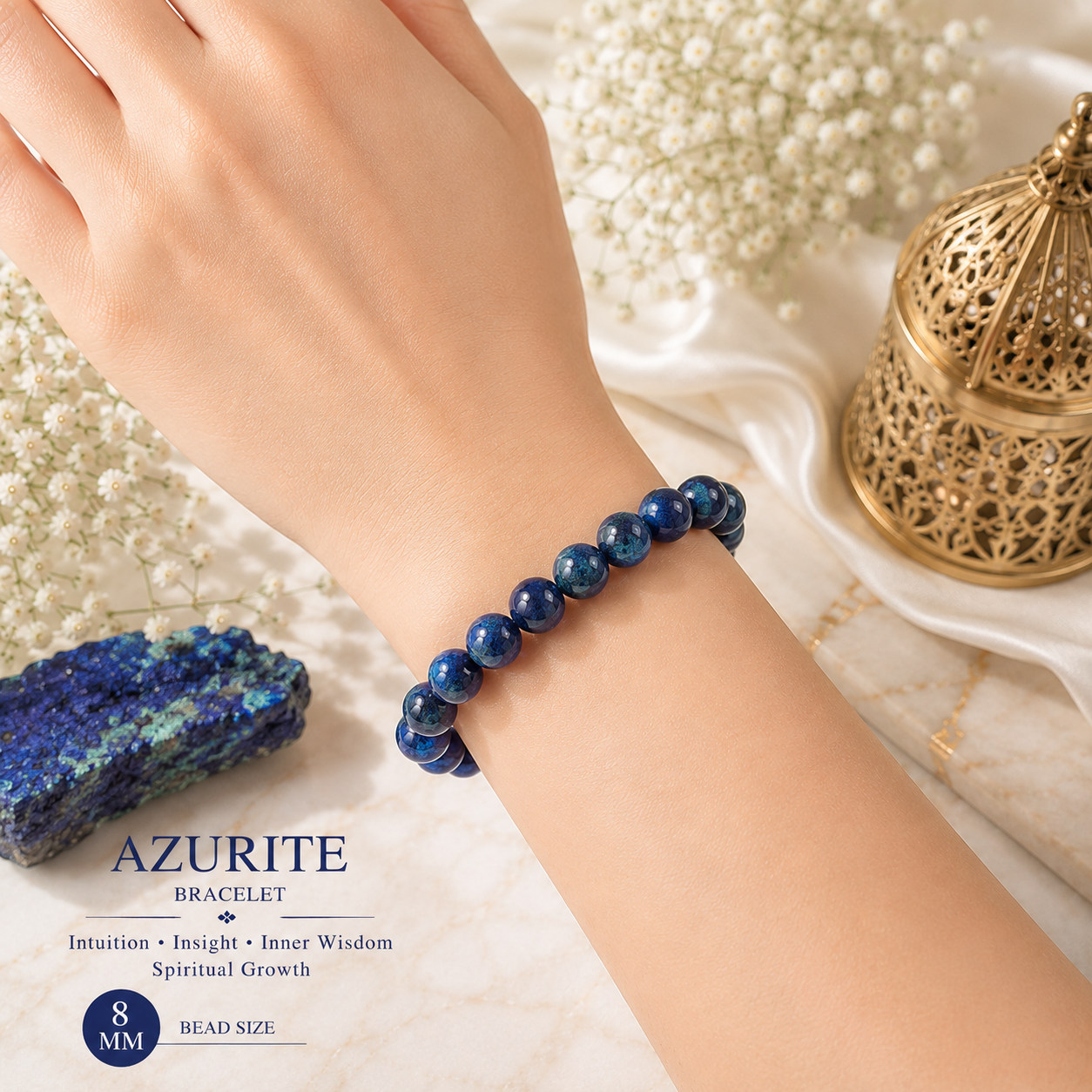Azurite 8mm Gemstone Bead Bracelet, Lab Certified Natural Blue Crystal 7.5 Inch Stretchable Bracelet for Intuition, Clarity & Positive Energy