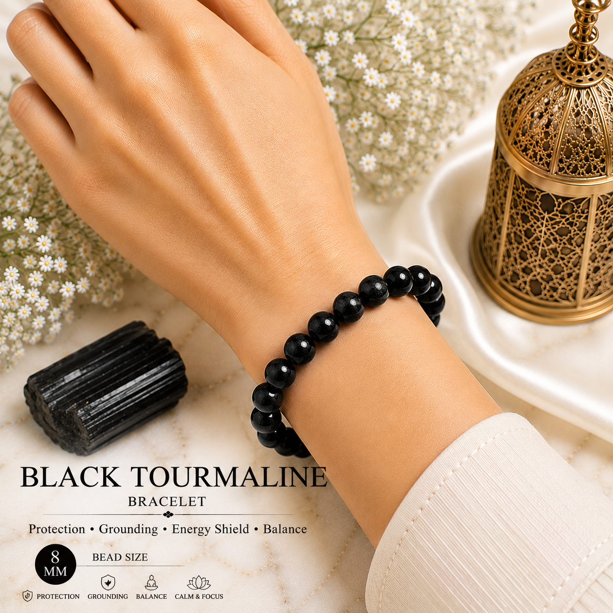 Black Tourmaline 8mm Gemstone Bead Bracelet, Lab Certified Natural Black Crystal 7.5 Inch Stretchable Bracelet for Protection, Grounding & Positive Energy