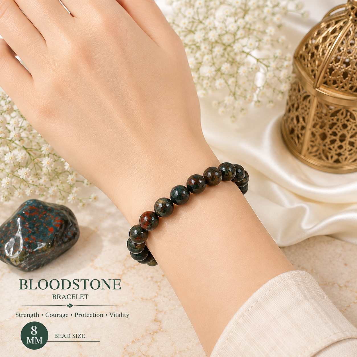 Bloodstone 8mm Gemstone Bead Bracelet, Lab Certified Natural Green Crystal 7.5 Inch Stretchable Bracelet for Strength, Grounding & Protection