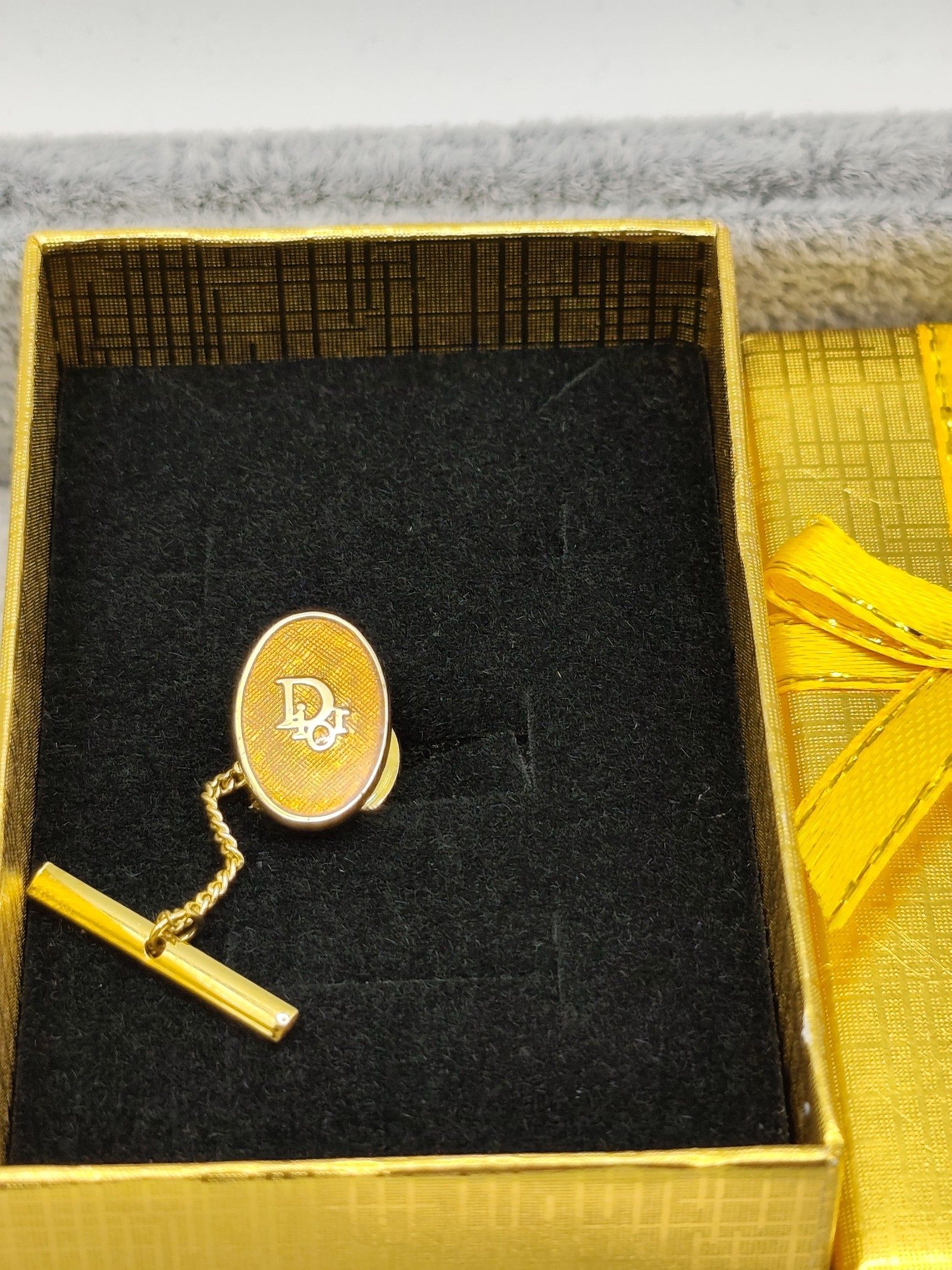 Dior Gold Tone Yellow Oval Logo Tie Tack Pin image 2