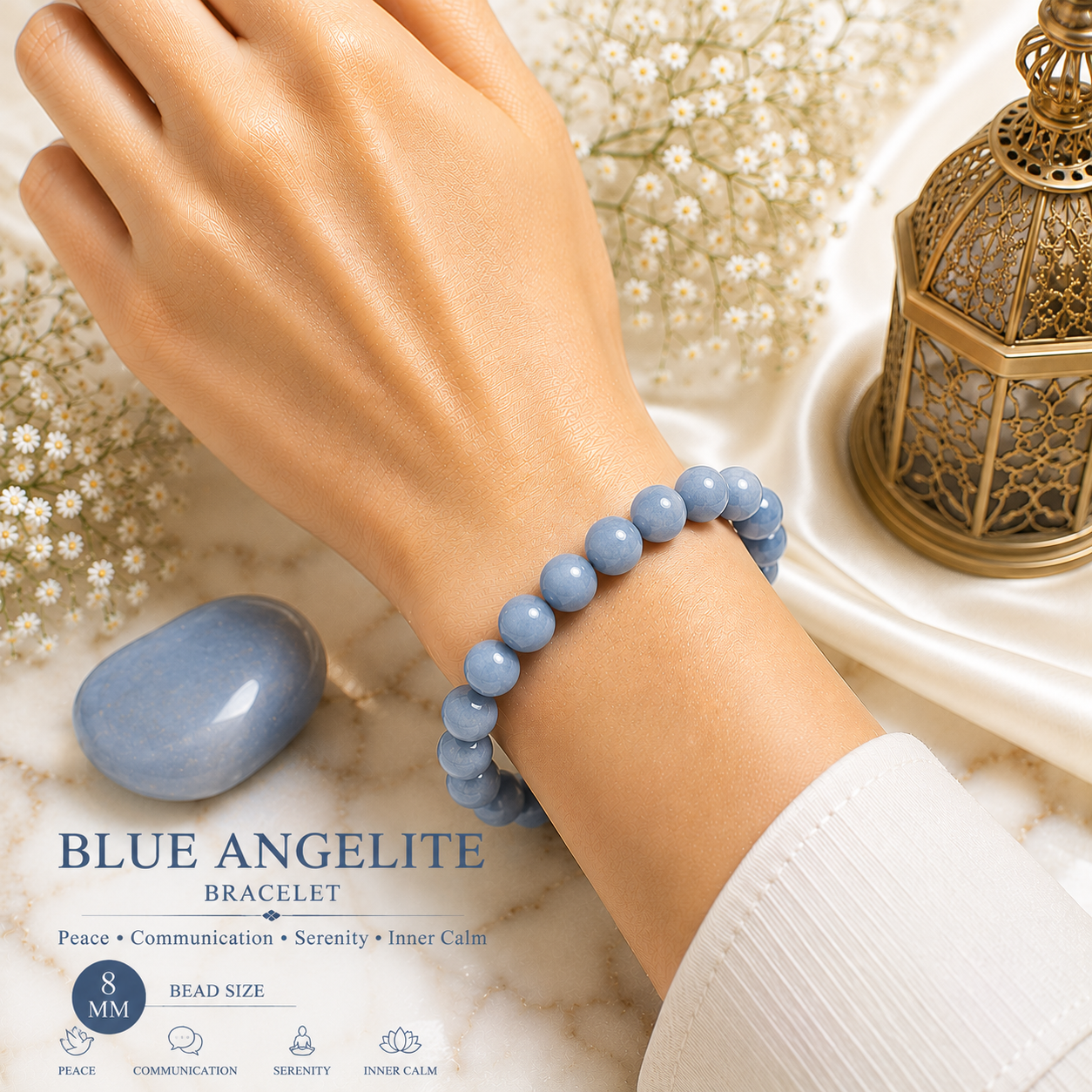 Blue Angelite 8mm Gemstone Bead Bracelet, Lab Certified Natural Blue Crystal 7.5 Inch Stretchable Bracelet for Calm, Peace & Communication