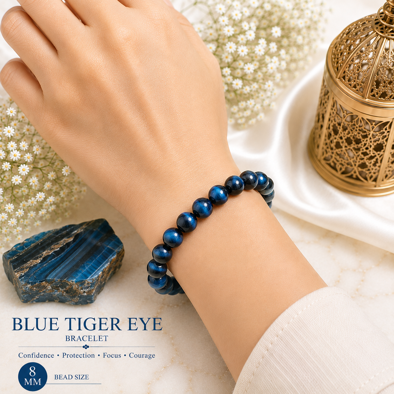 Blue Tiger Eye 8mm Gemstone Bead Bracelet, Lab Certified Natural Blue Crystal 7.5 Inch Stretchable Bracelet for Protection, Focus & Confidence