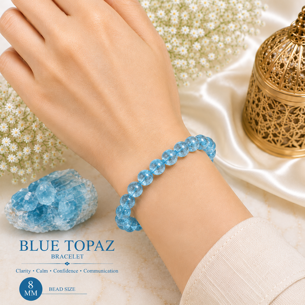 Blue Topaz 8mm Gemstone Bead Bracelet, Lab Certified Natural Blue Crystal 7.5 Inch Stretchable Bracelet for Calm, Clarity & Communication