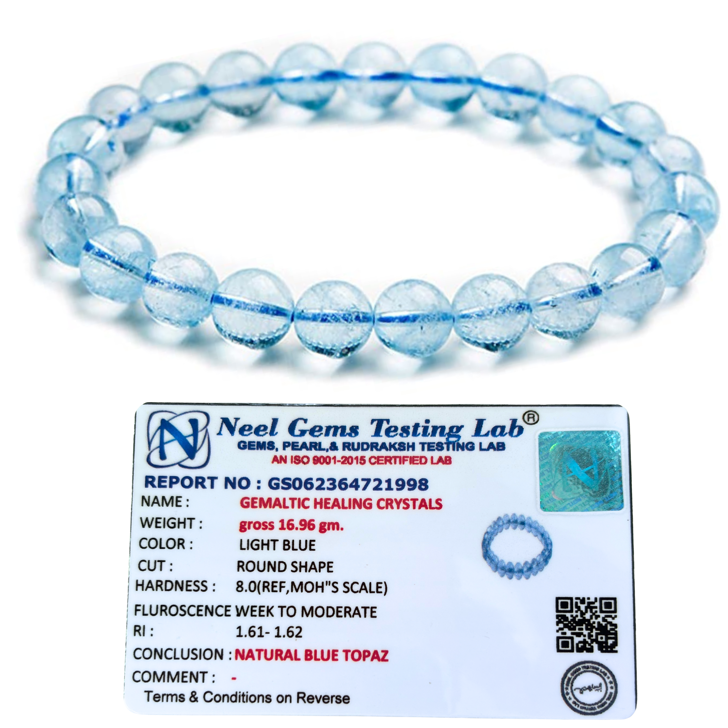 Blue Topaz 8mm Gemstone Bead Bracelet, Lab Certified Natural Blue Crystal 7.5 Inch Stretchable Bracelet for Calm, Clarity & Communication image 2
