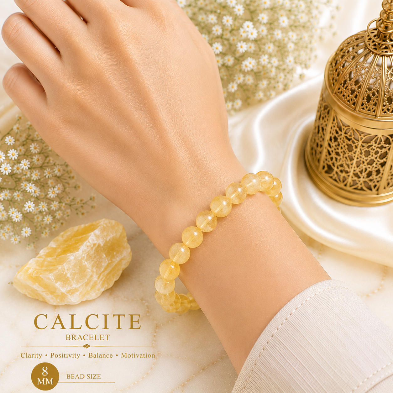Calcite 8mm Gemstone Bead Bracelet, Lab Certified Natural Crystal 7.5 Inch Stretchable Bracelet for Clarity, Balance & Positive Energy