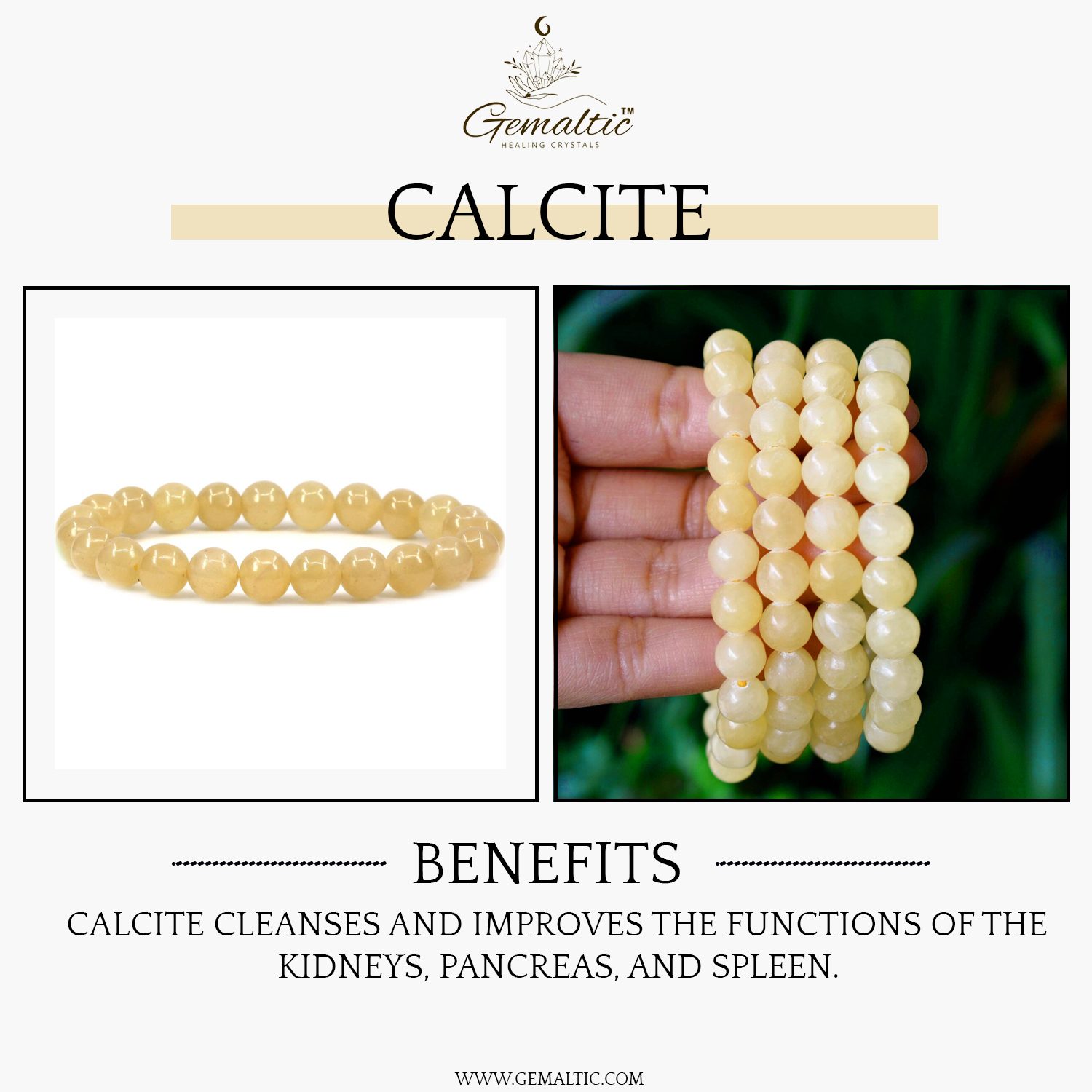 Calcite 8mm Gemstone Bead Bracelet, Lab Certified Natural Crystal 7.5 Inch Stretchable Bracelet for Clarity, Balance & Positive Energy image 2