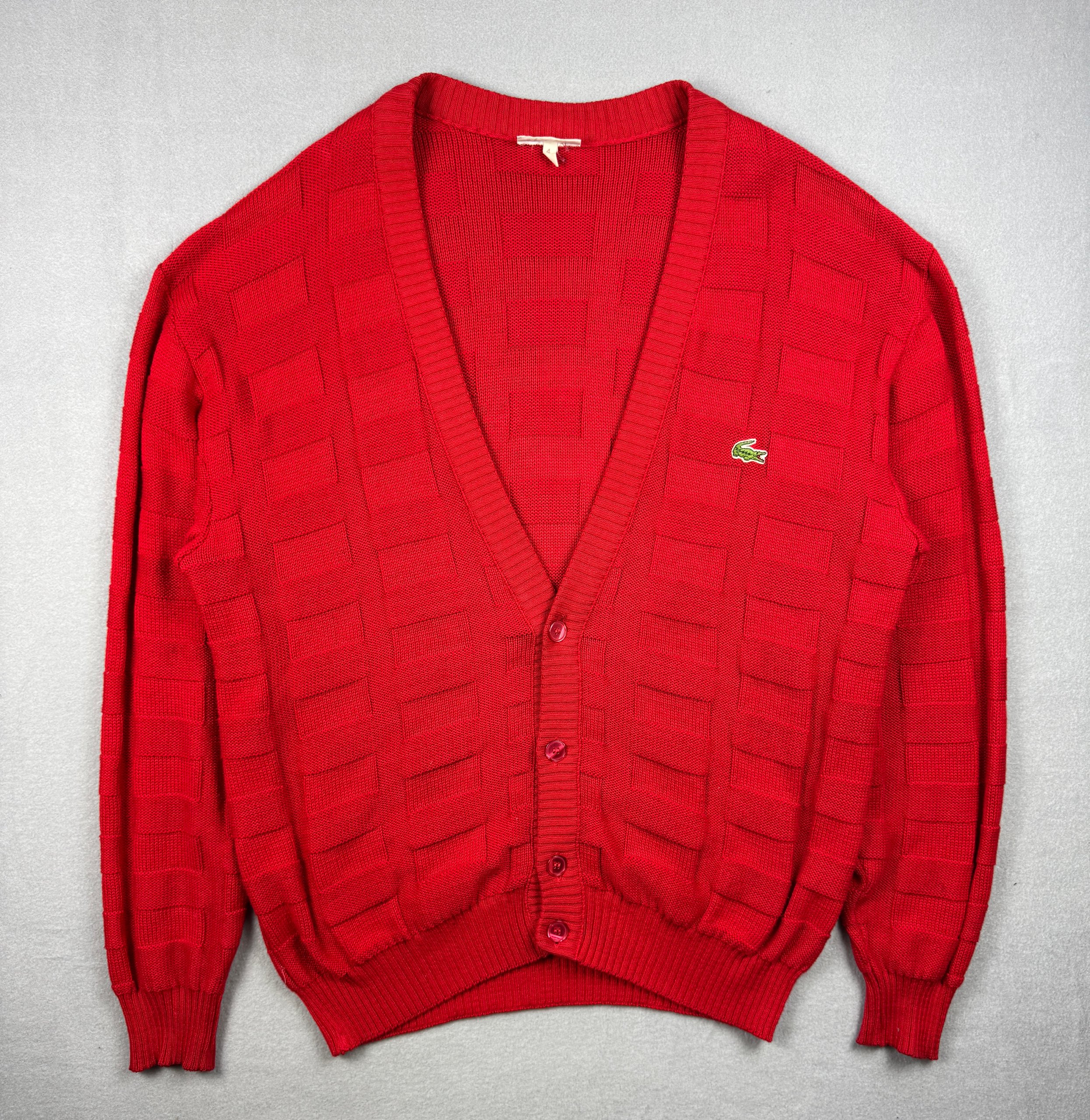 Vintage Lacoste Red Knit Cardigan Green Crocodile Logo Made in France Size 4 / L