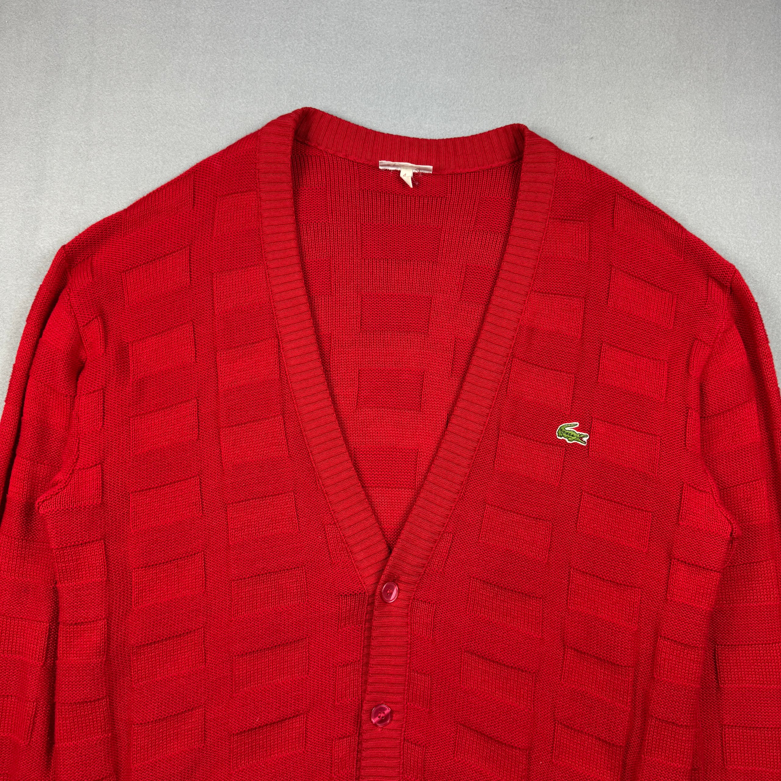 Vintage Lacoste Red Knit Cardigan Green Crocodile Logo Made in France Size 4 / L image 2