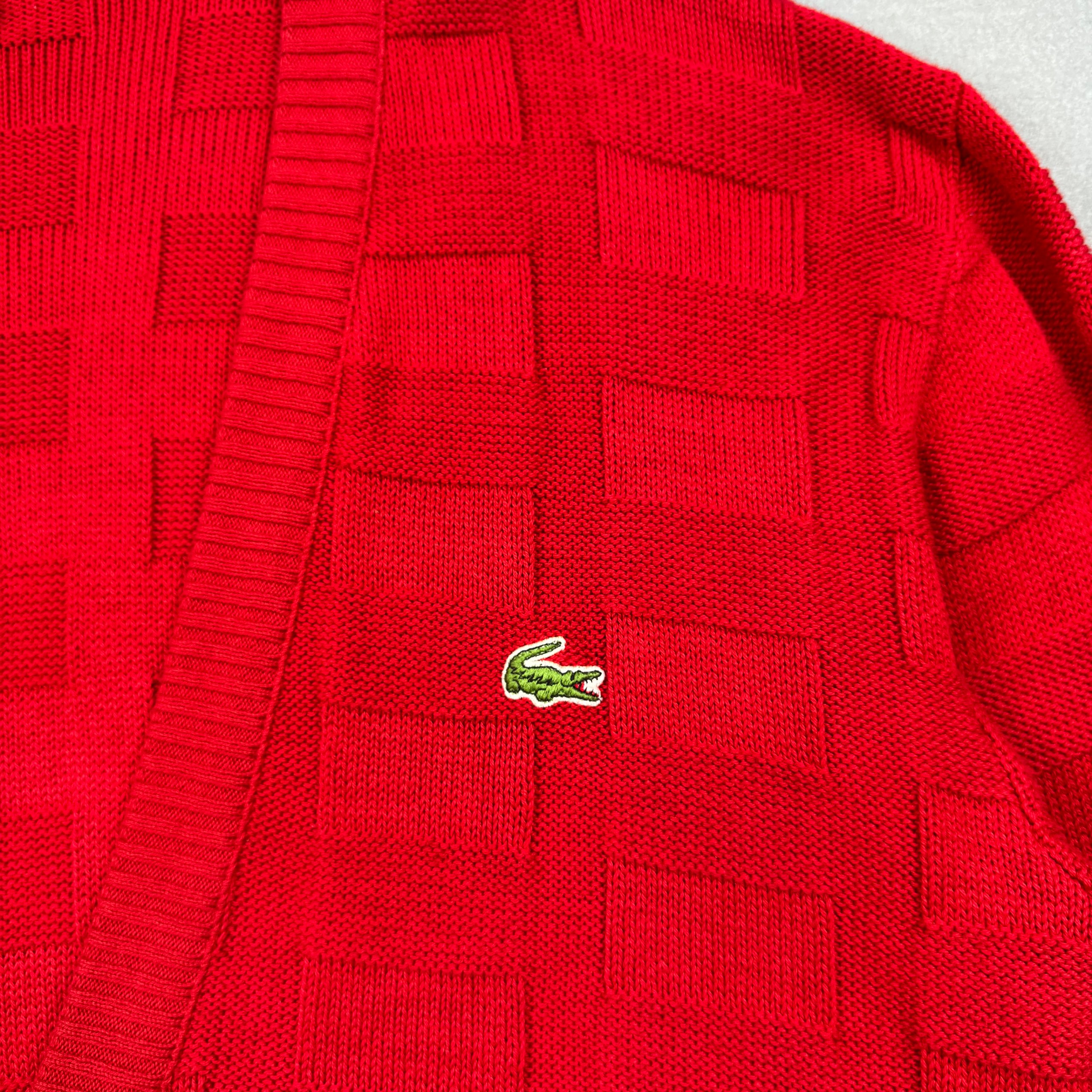 Vintage Lacoste Red Knit Cardigan Green Crocodile Logo Made in France Size 4 / L image 3