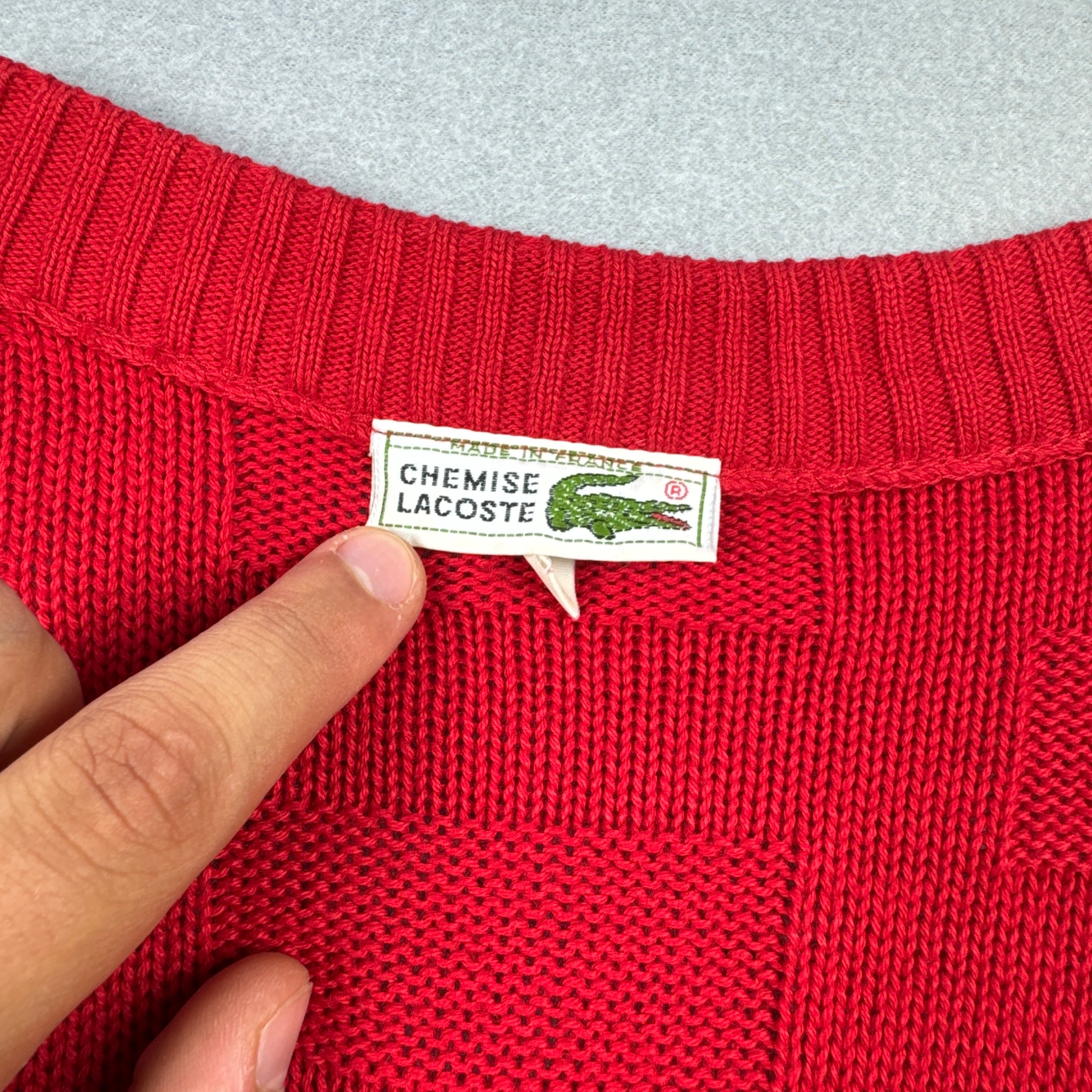 Vintage Lacoste Red Knit Cardigan Green Crocodile Logo Made in France Size 4 / L image 6