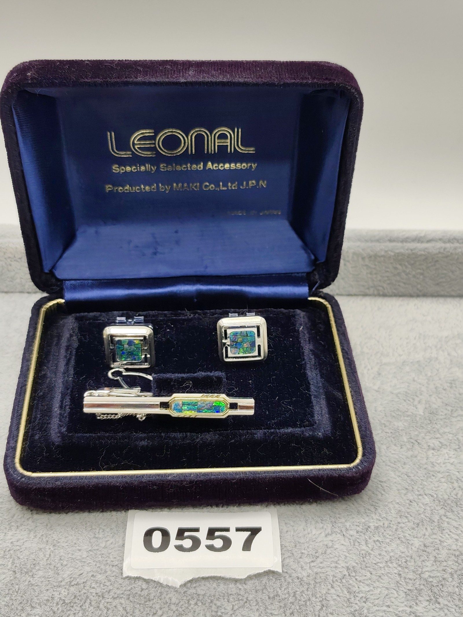Leonal Silver & Opal Mosaic Cufflinks & Tie Clip Set