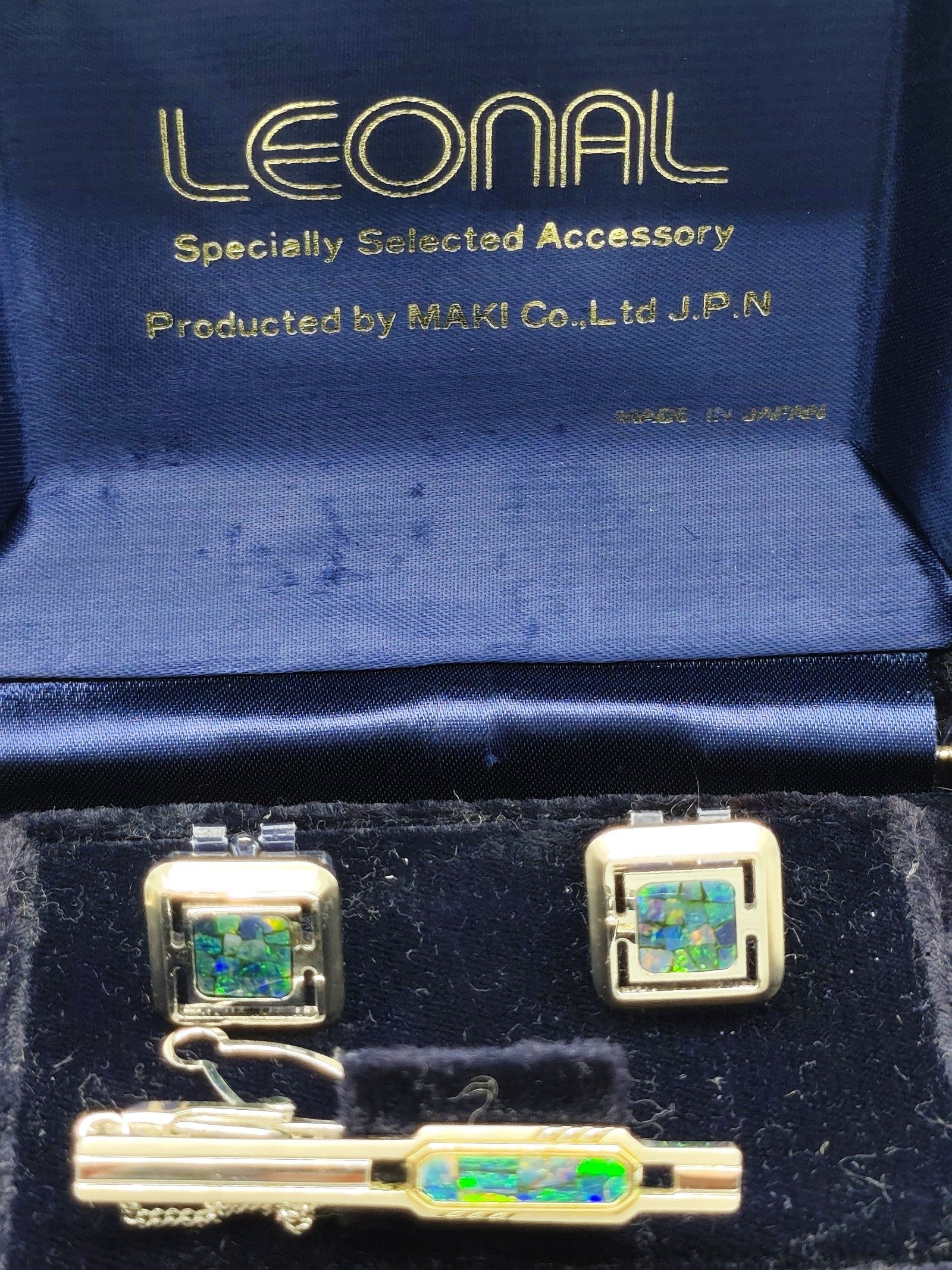 Leonal Silver & Opal Mosaic Cufflinks & Tie Clip Set image 2