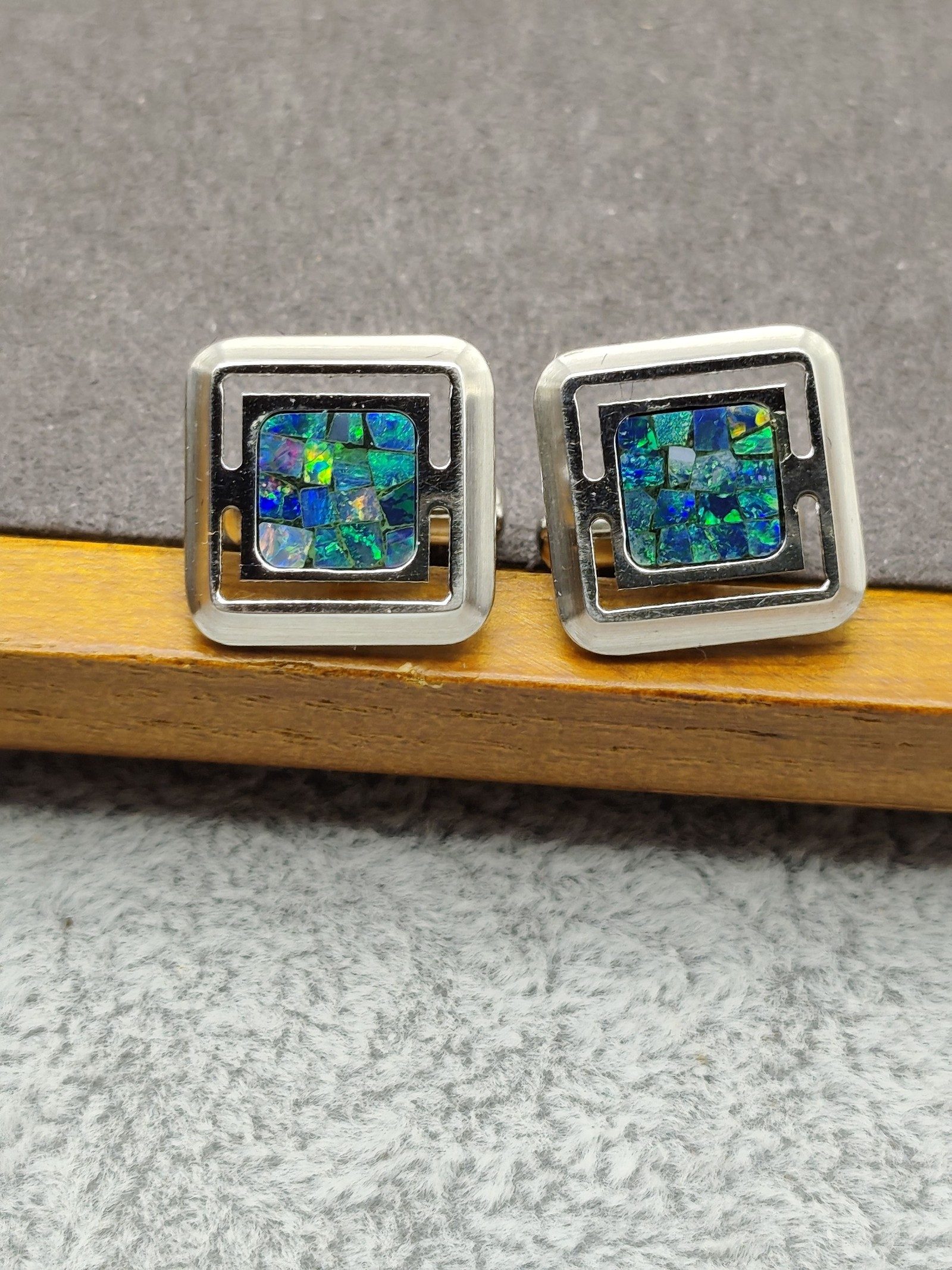 Leonal Silver & Opal Mosaic Cufflinks & Tie Clip Set image 3