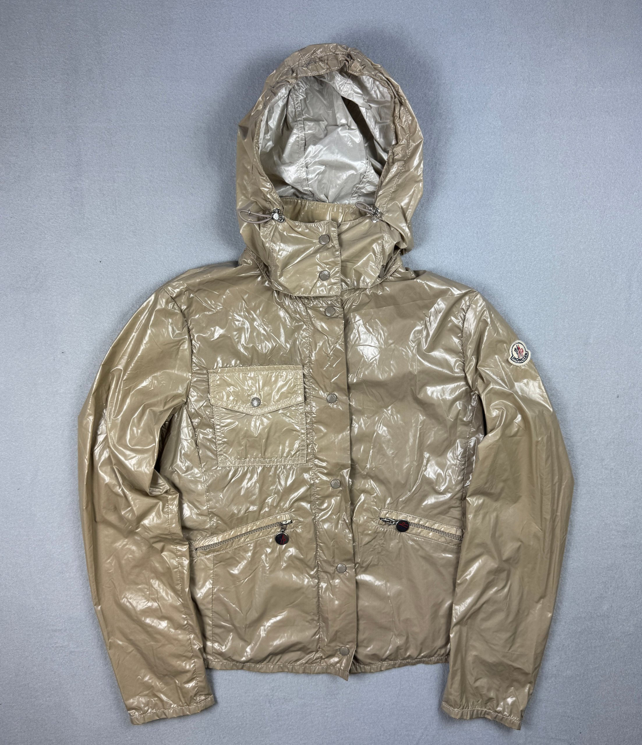 Women`s Moncler Z8E0182 Beige Lightweight Hooded Raincoat Jacket Size 1 / S