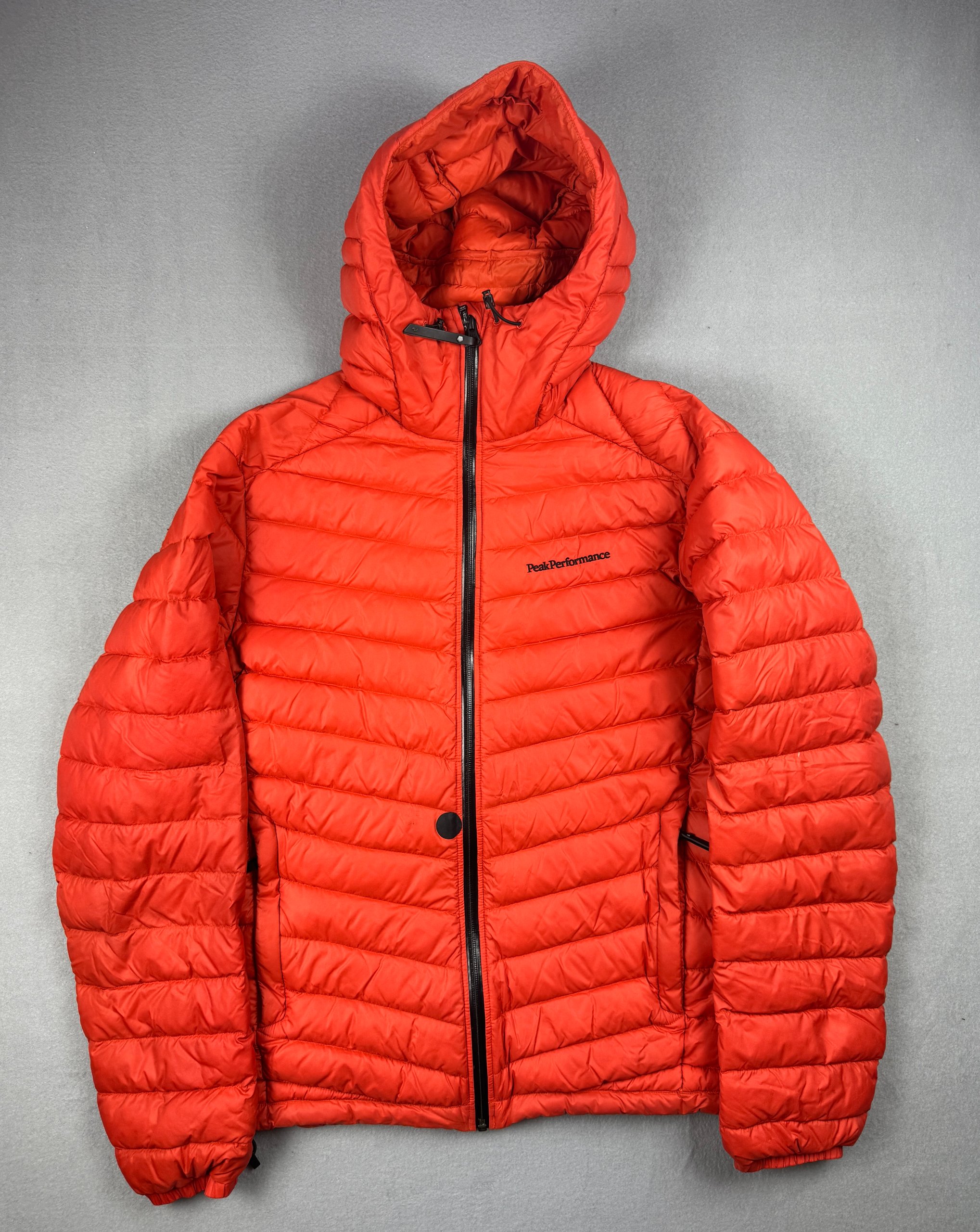 Men`s Peak Performance Frost down H Orange Puffer Jacket Hooded Lightweight Size M image 2
