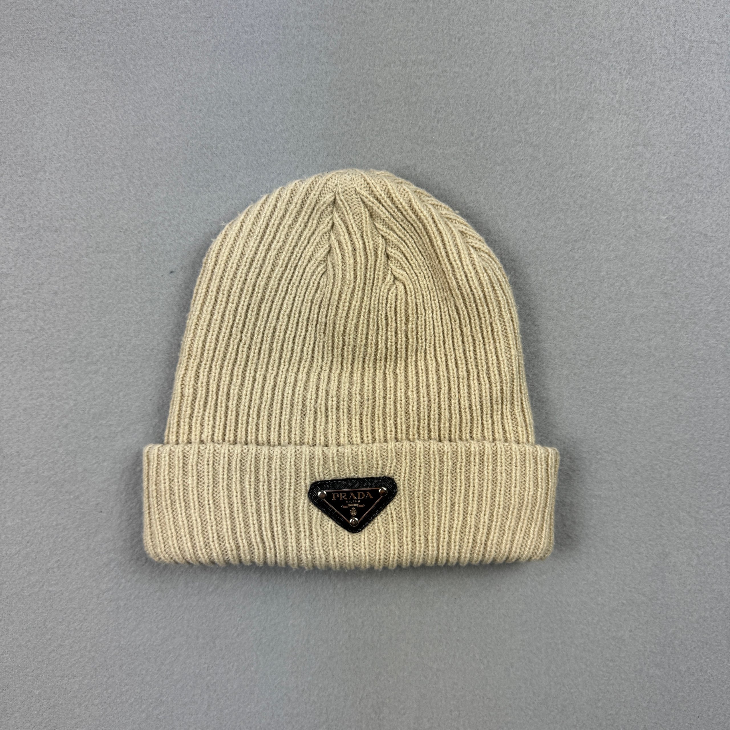 Prada Beige Ribbed Wool Beanie One Size