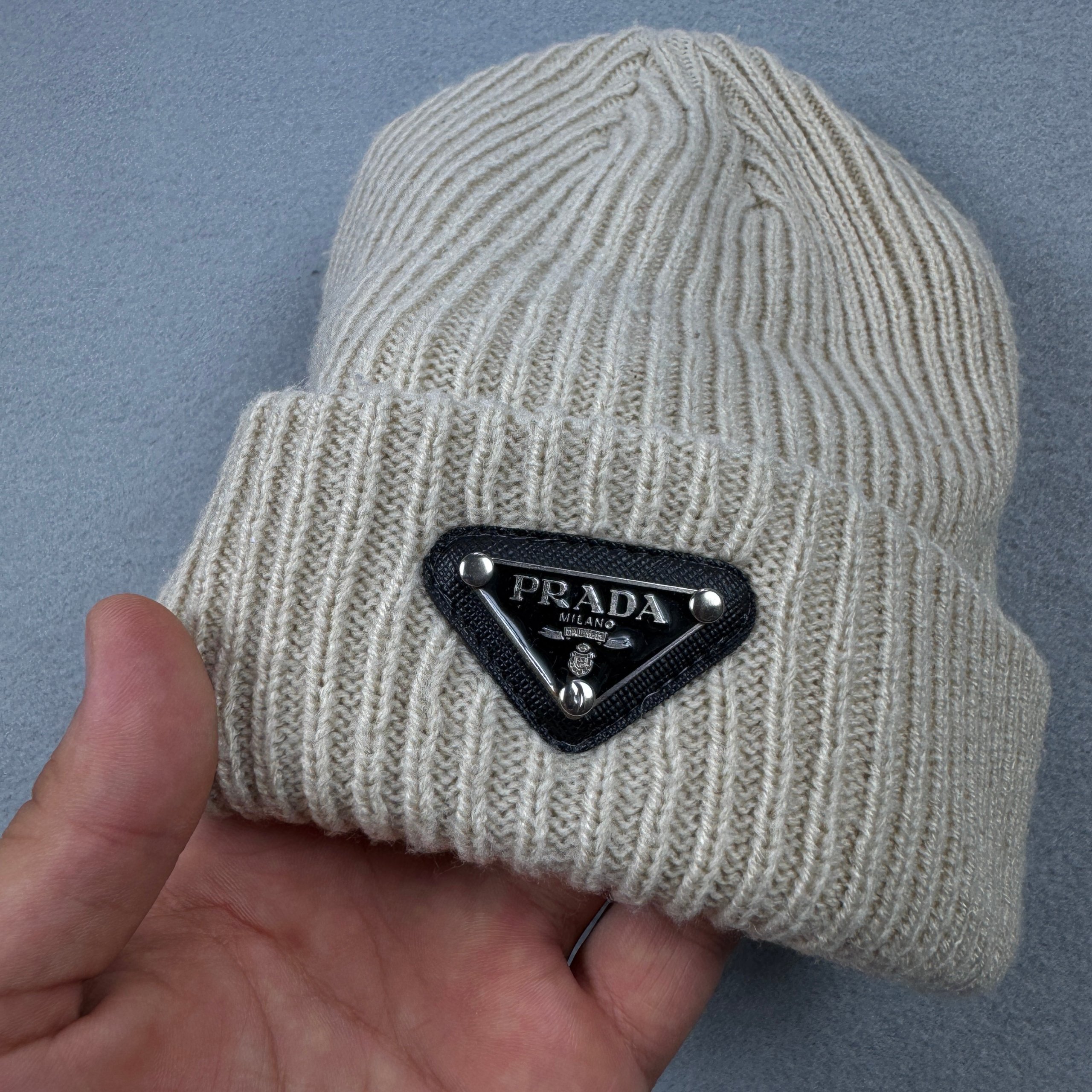 Prada Beige Ribbed Wool Beanie One Size image 4
