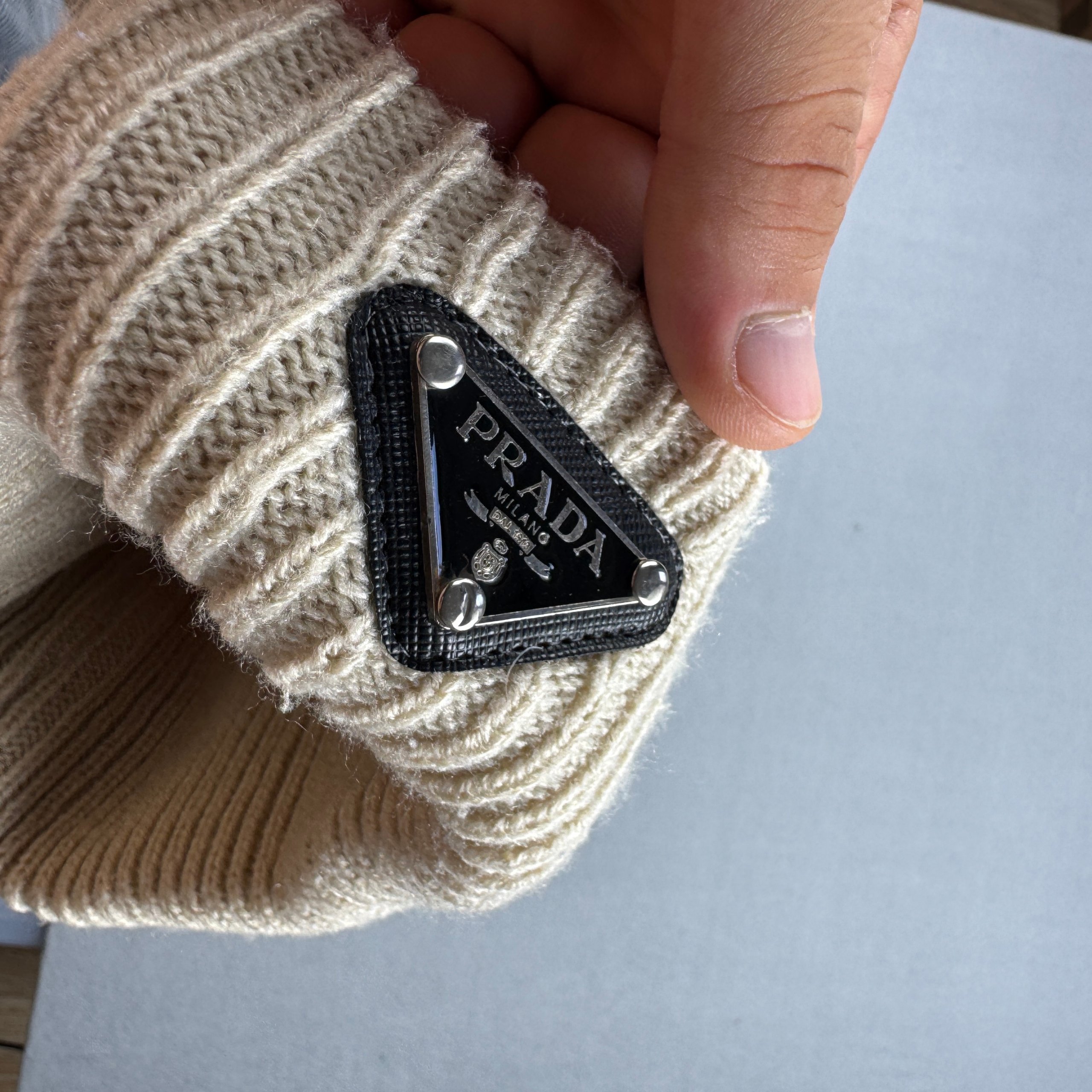 Prada Beige Ribbed Wool Beanie One Size image 5