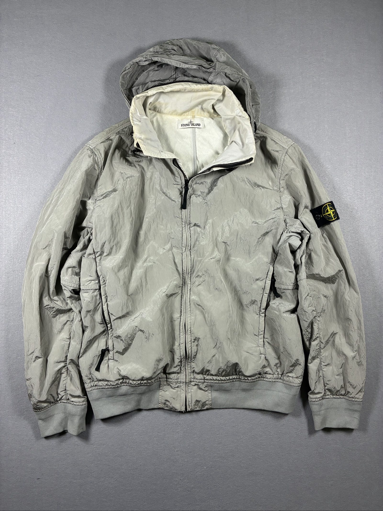Stone Island Grey Hooded Bomber Jacket Nylon Metal Tyvek Shield Zip Pockets