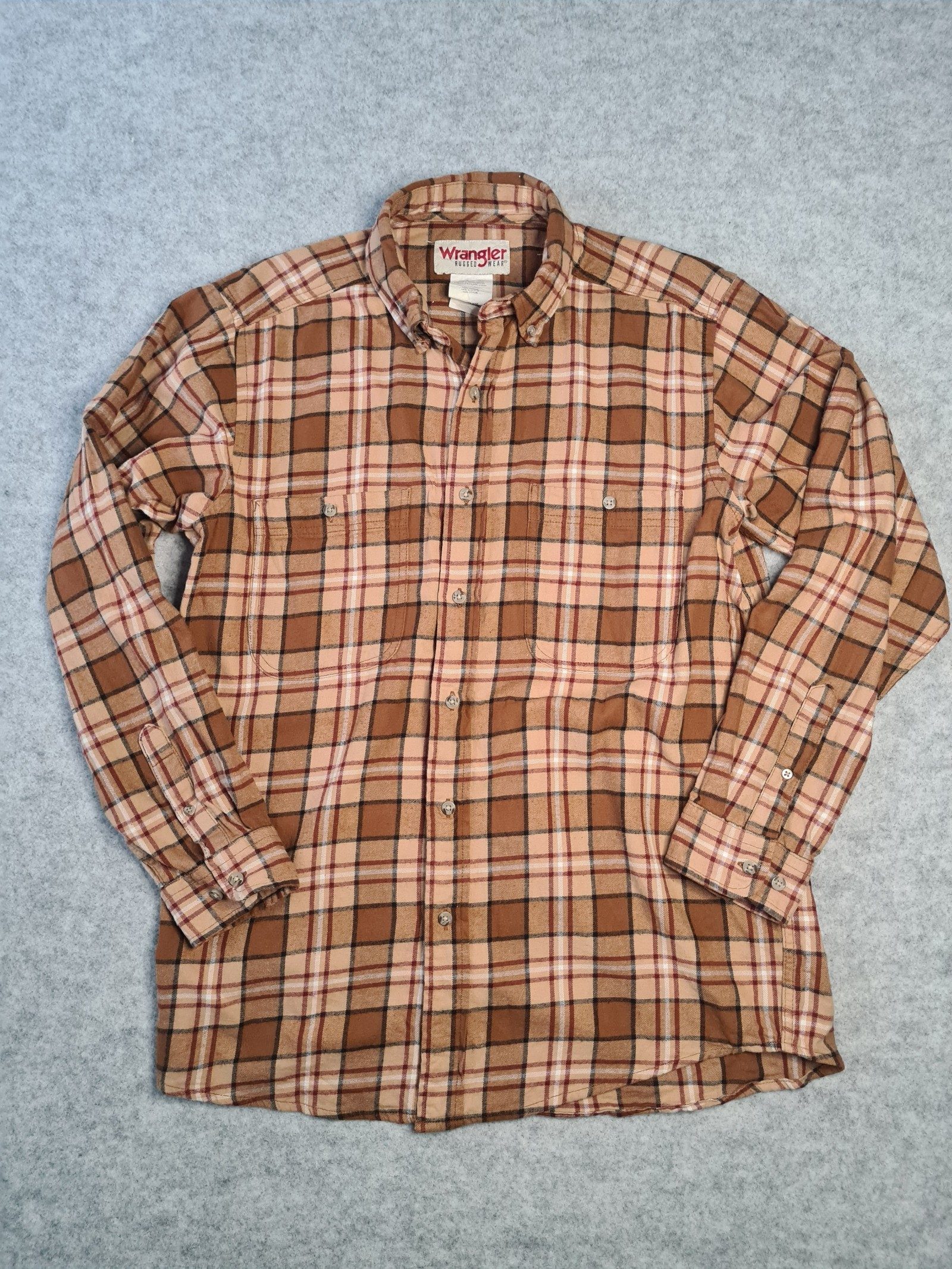 Wrangler Men's Brown Beige Check Button Down Shirt Large 1113