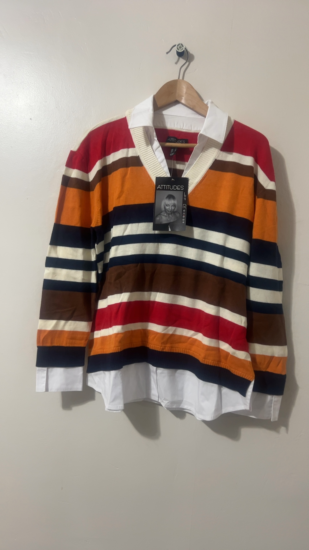 Attitudes by Renee Women Multi Color Striped V-Neck Sweater Medium