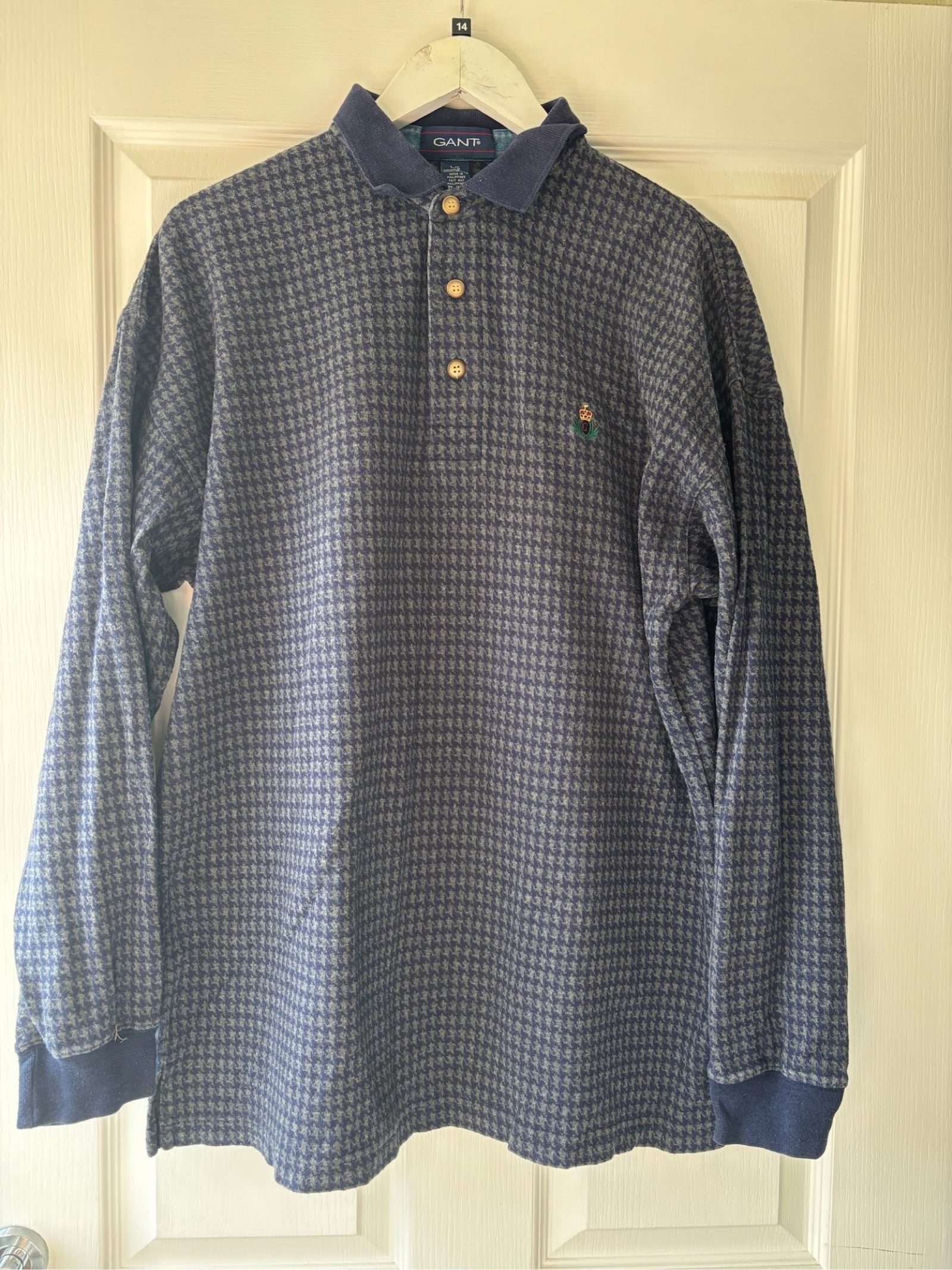 GANT Men's Navy & Grey Houndstooth Polo Shirt Large Cotton