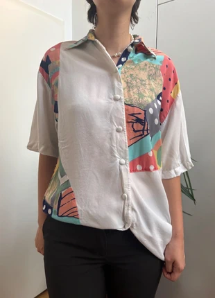 Vintage Patchwork Bluse 90er, Mustermix Bunt, Kurzarm
