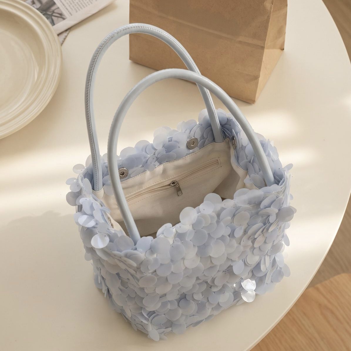 Coastal Summer Sequin Structured Shoulder Bag Light Blue Luxe Statement Cocktail Party image 3