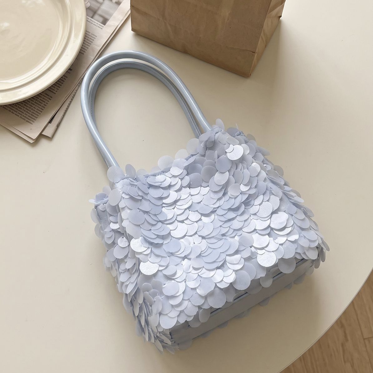Coastal Summer Sequin Structured Shoulder Bag Light Blue Luxe Statement Cocktail Party image 4