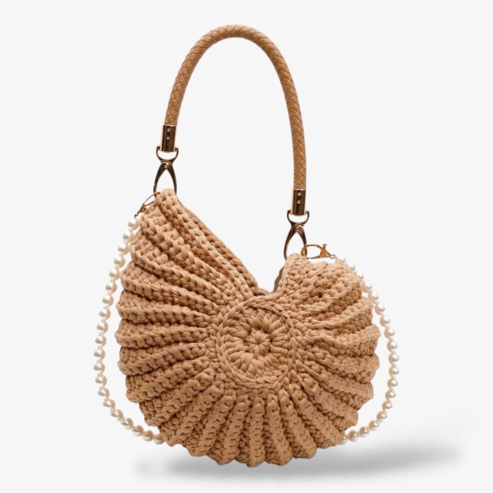 Coastal Luxe Shell Woven Crochet Shoulder Bag Natural Tan Summer Pearl Strap image 5