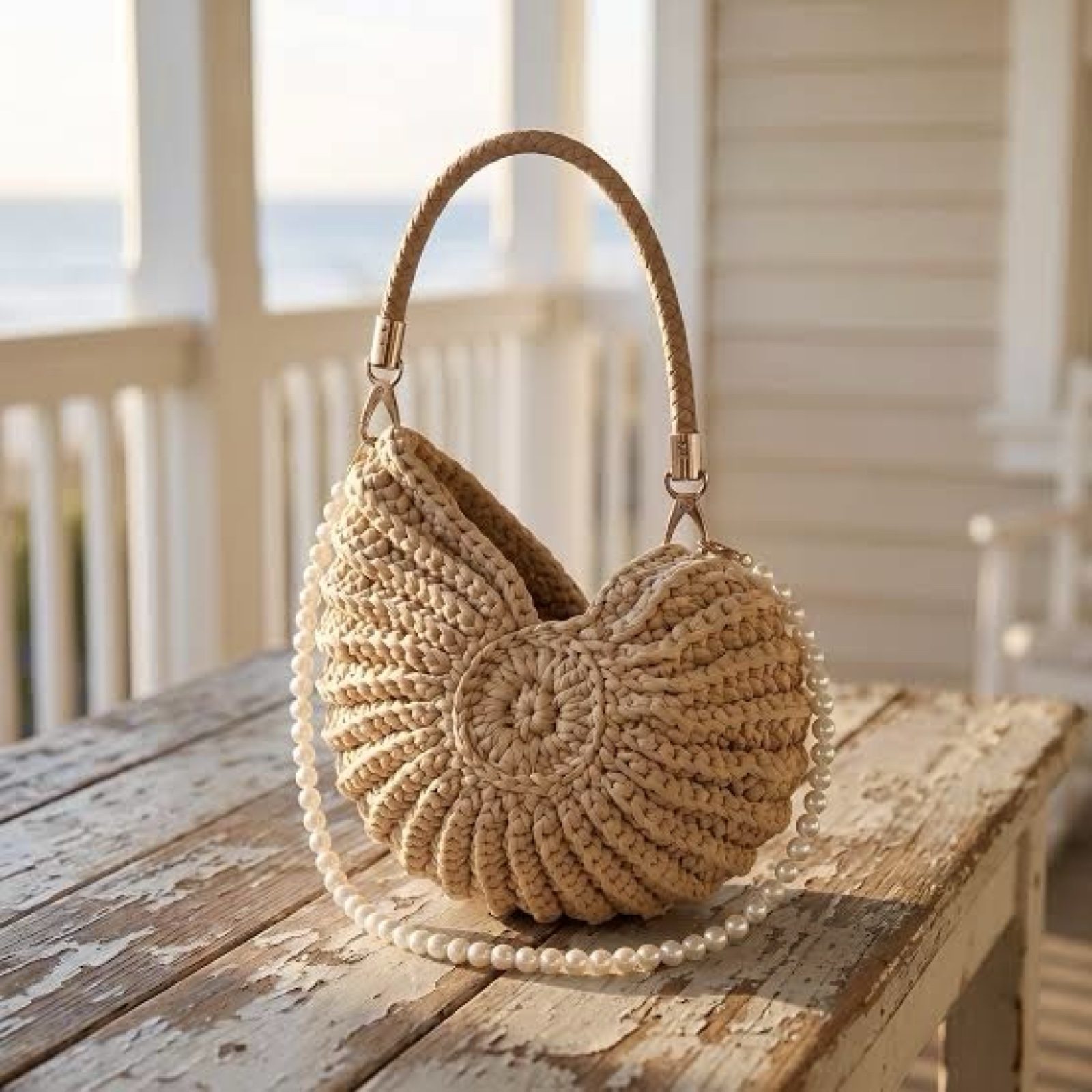 Coastal Luxe Shell Woven Crochet Shoulder Bag Natural Tan Summer Pearl Strap image 8