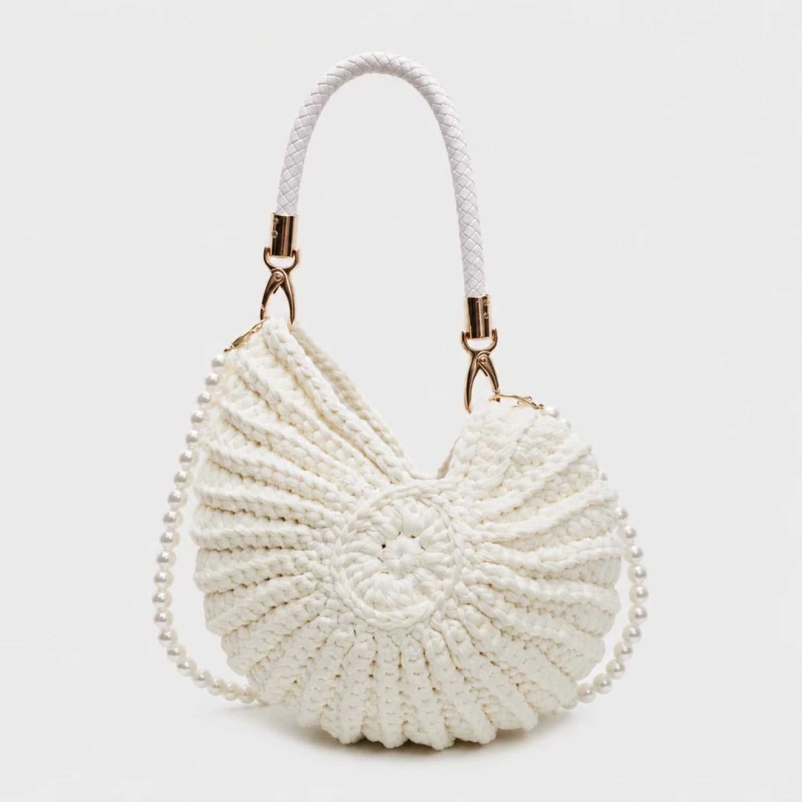 Coastal Luxe Shell Woven Crochet Shoulder Bag White Summer Pearl Strap image 4