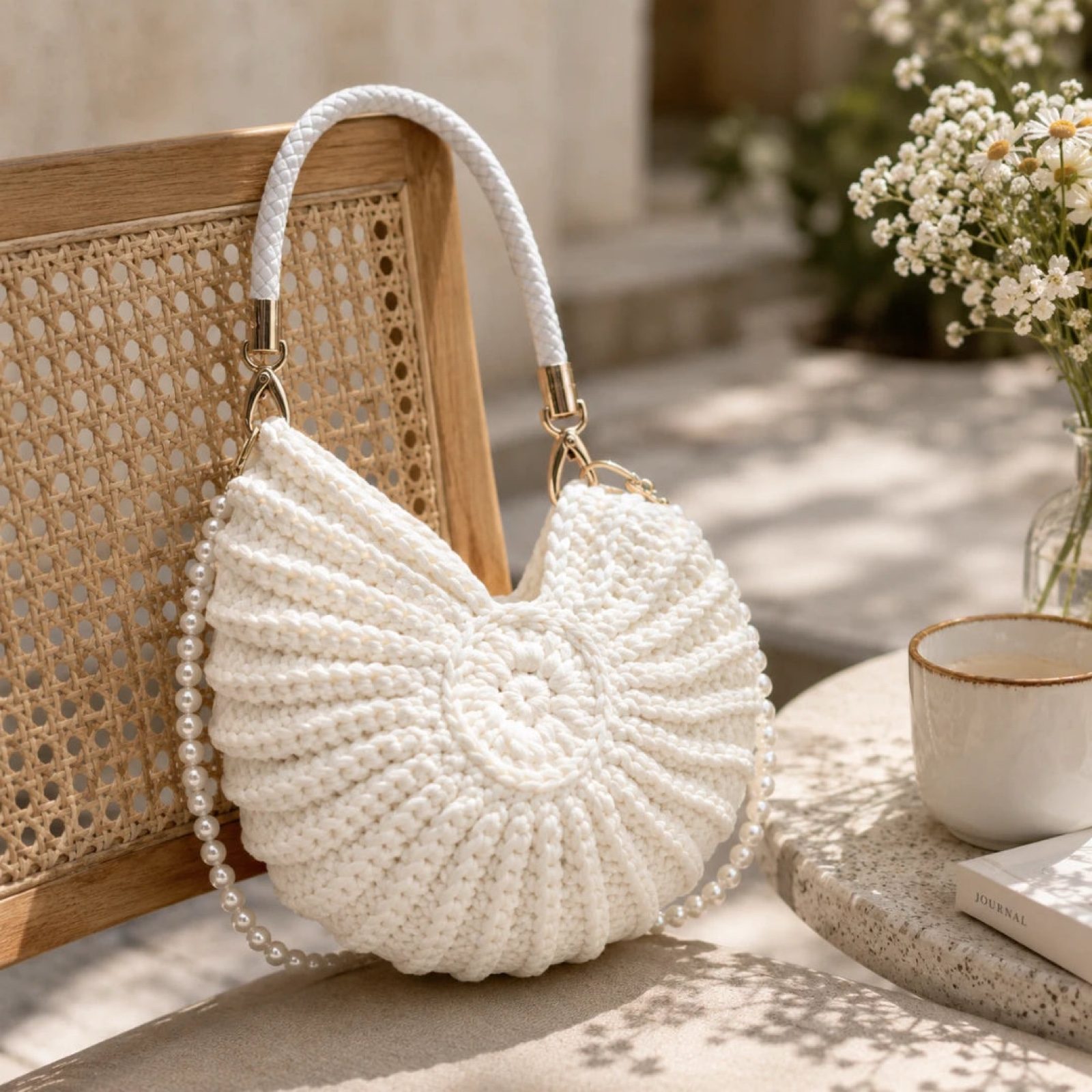 Coastal Luxe Shell Woven Crochet Shoulder Bag White Summer Pearl Strap image 6