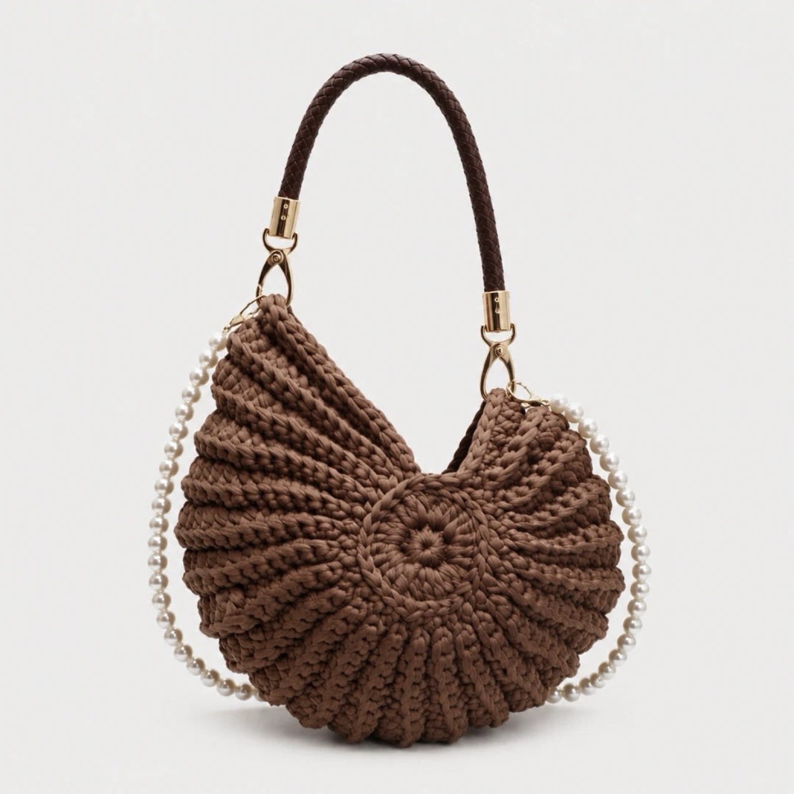 Coastal Luxe Shell Woven Crochet Shoulder Bag Choc Brown Summer Pearl Strap image 3