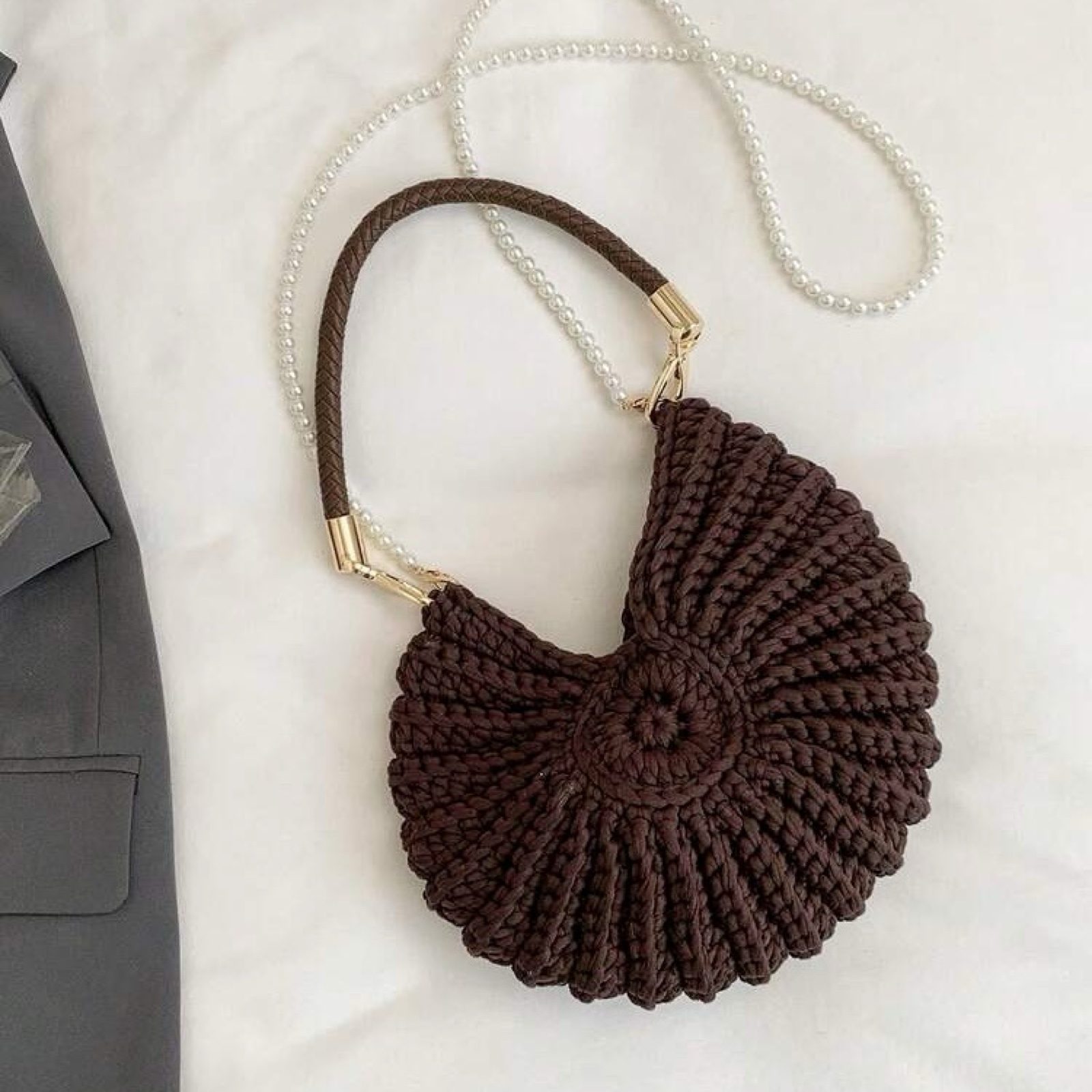 Coastal Luxe Shell Woven Crochet Shoulder Bag Choc Brown Summer Pearl Strap image 2