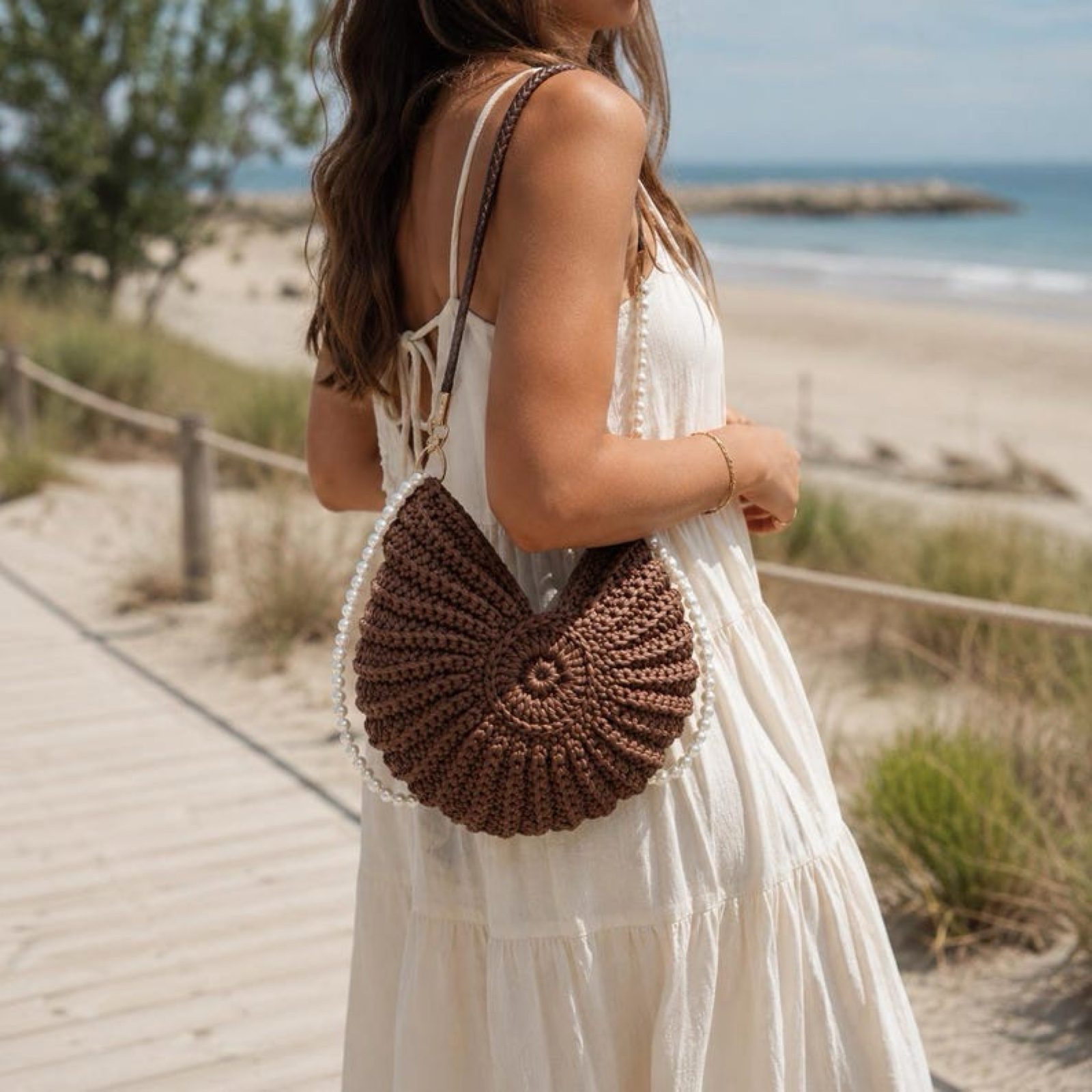 Coastal Luxe Shell Woven Crochet Shoulder Bag Choc Brown Summer Pearl Strap image 5