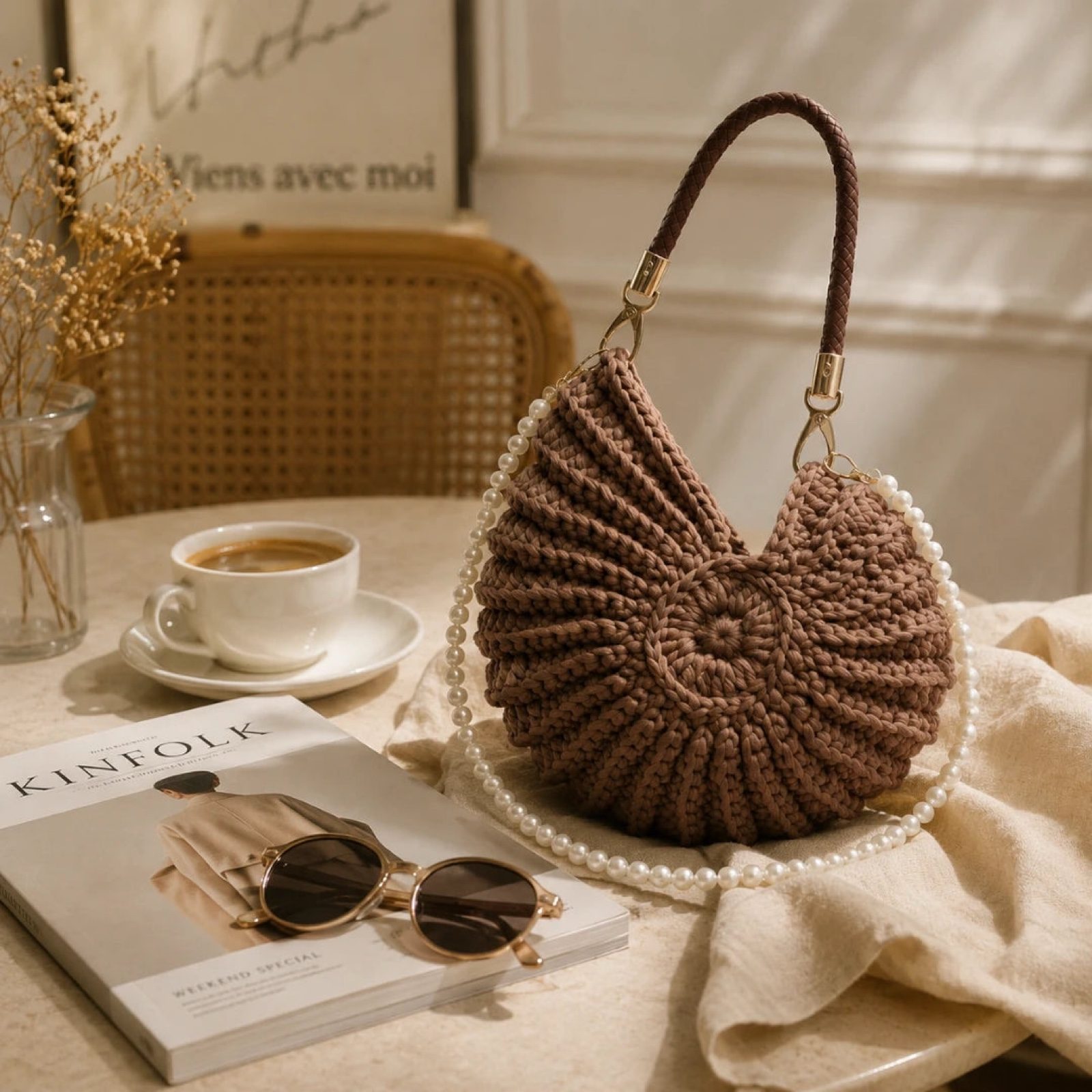 Coastal Luxe Shell Woven Crochet Shoulder Bag Choc Brown Summer Pearl Strap image 4