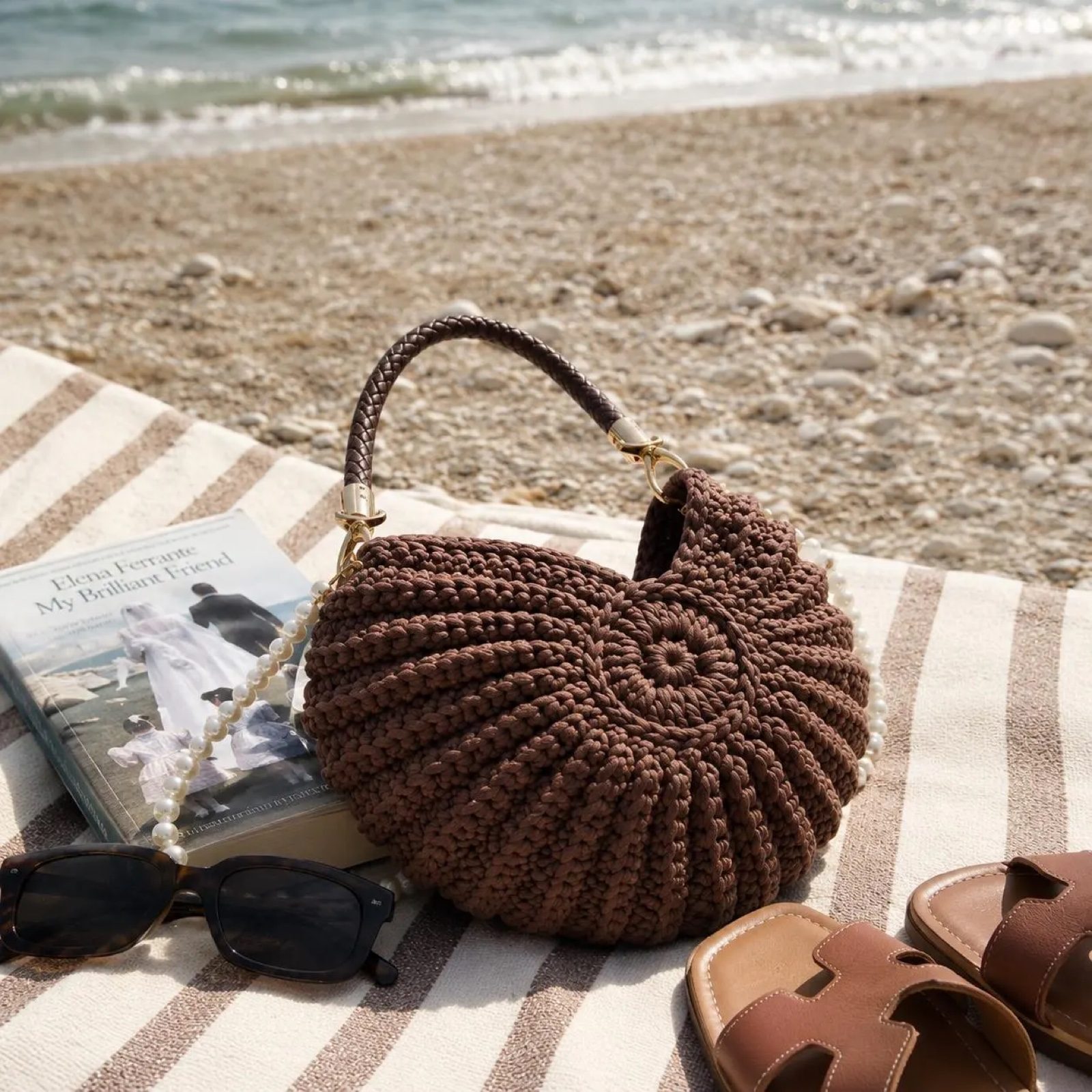 Coastal Luxe Shell Woven Crochet Shoulder Bag Choc Brown Summer Pearl Strap image 6