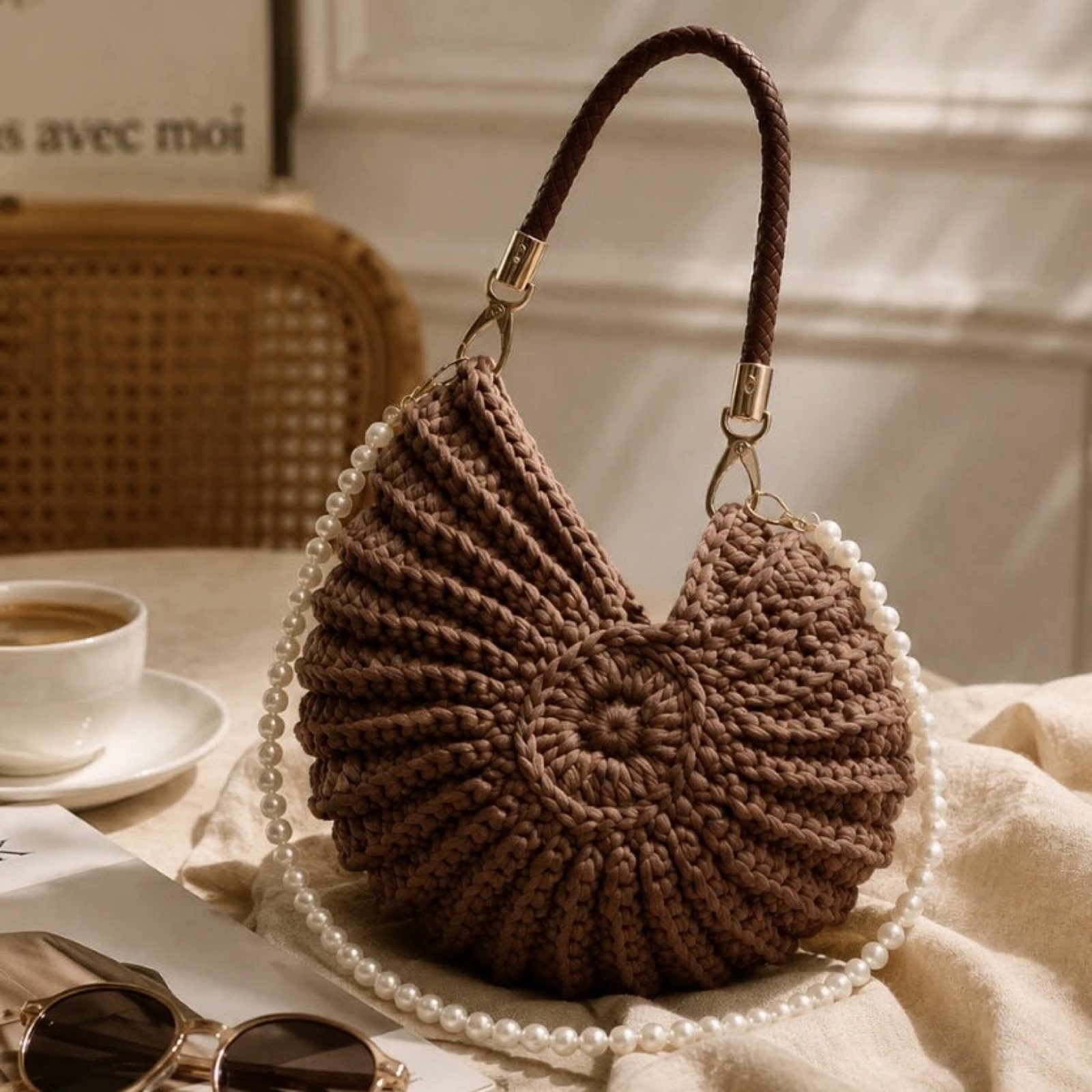 Coastal Luxe Shell Woven Crochet Shoulder Bag Choc Brown Summer Pearl Strap