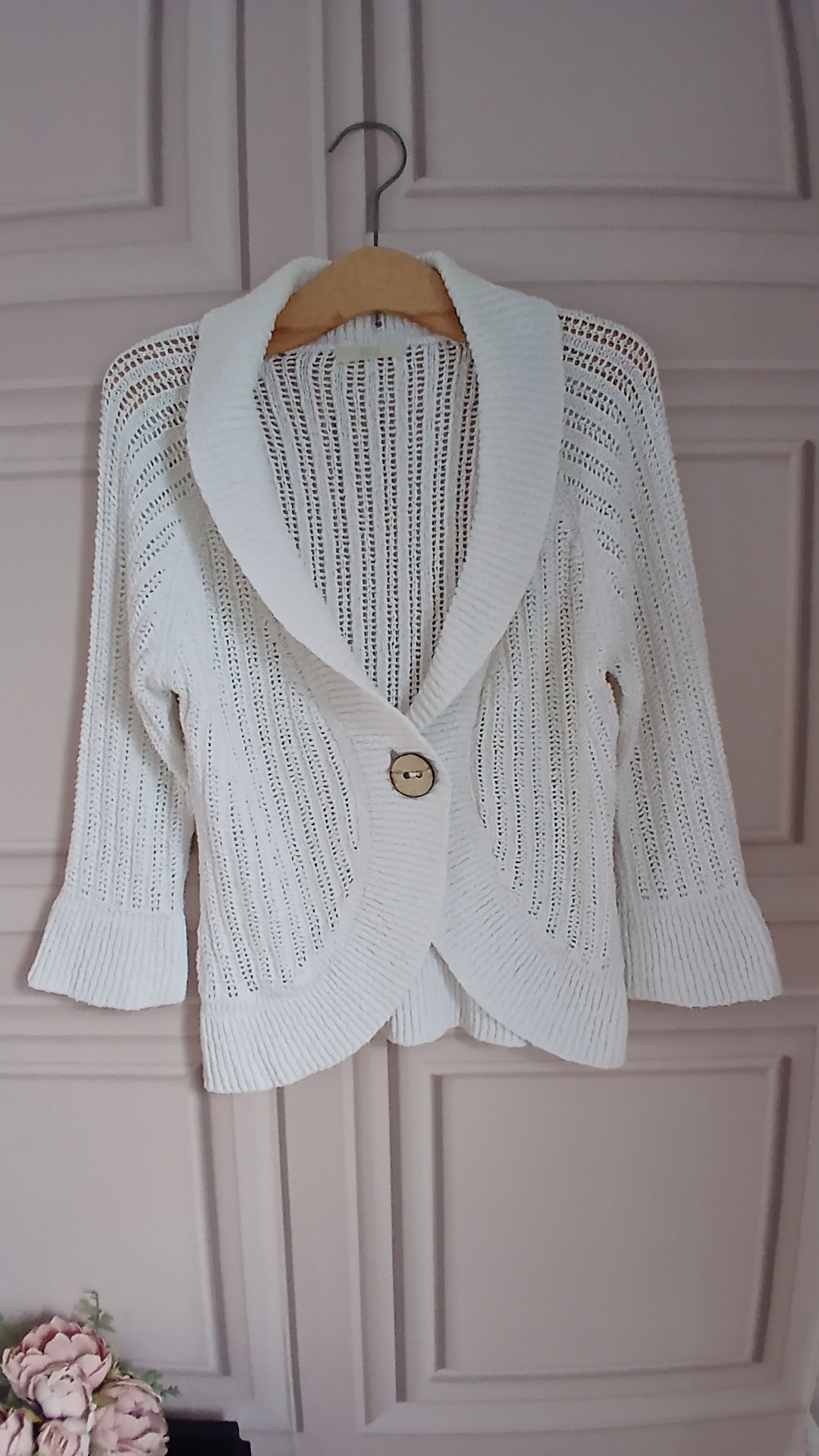 Marks & Spencer White Cotton Knit Cardigan UK 12 Wooden button